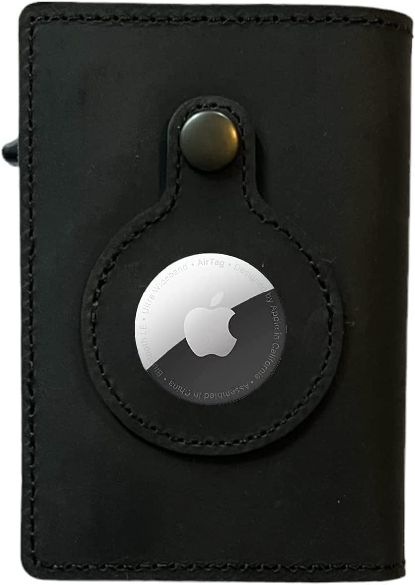 Leather Airtag Wallet RFID Blocking (Trifold, Bifold, and Money Clip Wallets, Black Genuine Leather)  Guangzhou Dolly Import & Export Co., Ltd. Black Crazy Horse Leather Trifold, Bifold, and Money Clip Wallets 