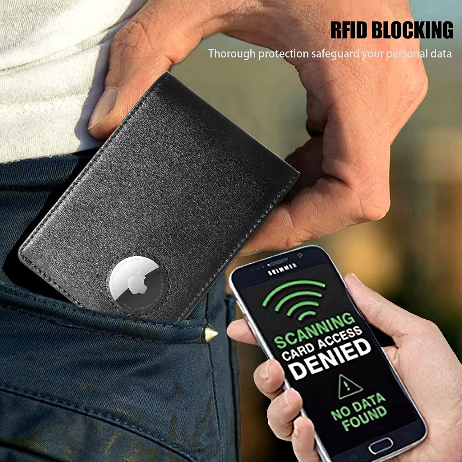 HLHGR Airtag Wallet Men Genuine Leather Cash Credit Card Bifold Wallet RFID Blocking with Airtag Case Holder Front Pocket for Apple Air Tag（ Airtag Not Inside） (Leather, Black)  HLHGR   