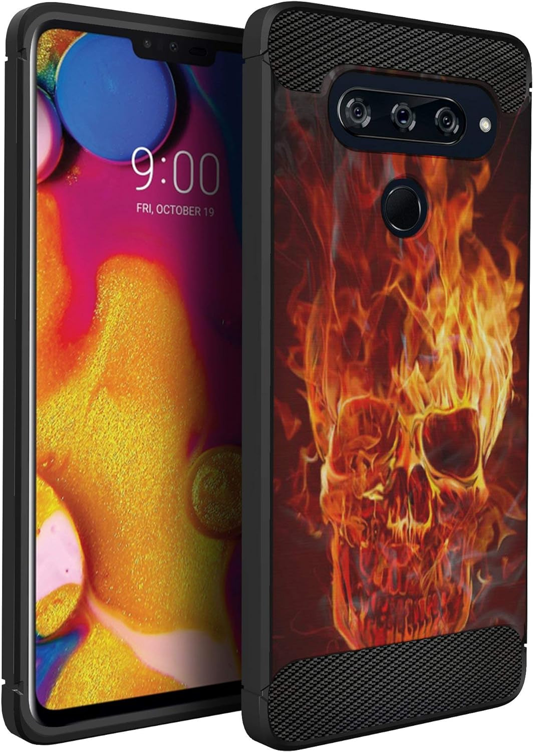 Casesondeck Slim Case Compatible with [LG V40 Thinq] Thin Scratch Preventing TPU, Matte Finish Carbon Fiber Texture Edges (Flower Skull)  CasesonDeck Fire Skull  
