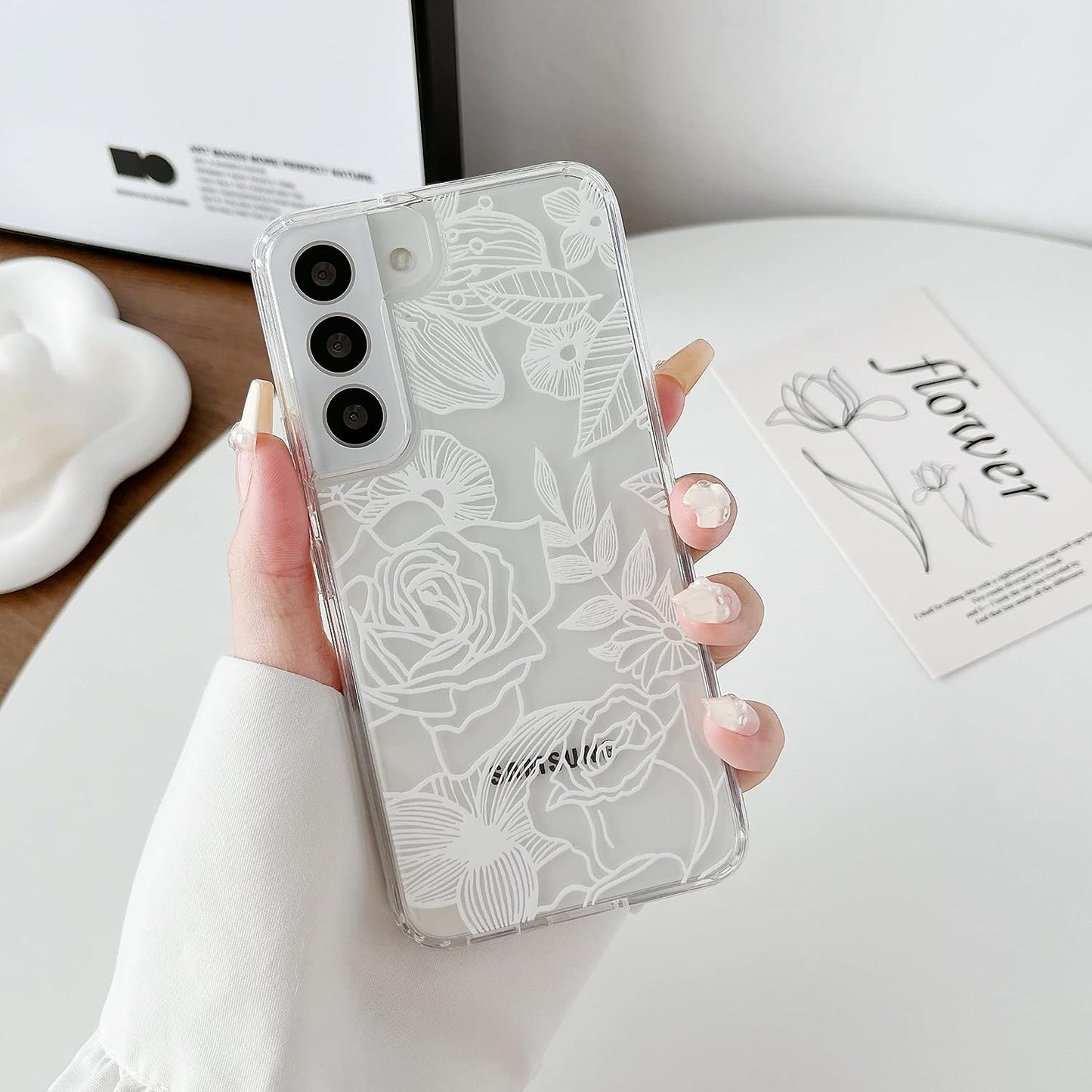 XIZYO Designed for Samsung Galaxy S22 Case, Rose Pattern Floral Print Design Slim Case for Girls Women TPU Bumper Shockproof Protective Cover, Black  XIZYO Clear White  