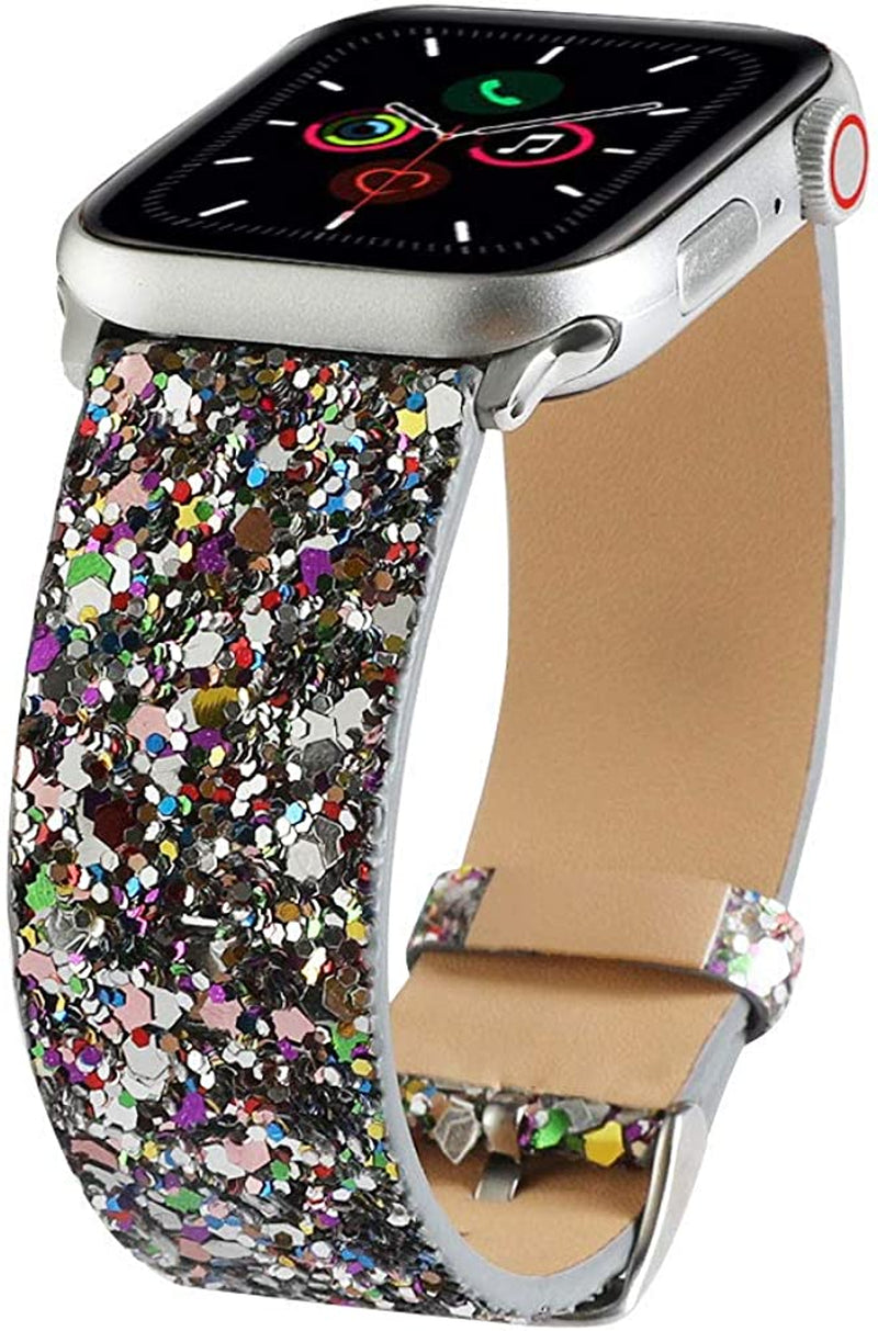 Bling Bands Compatible with Apple Watch Band 38Mm 40Mm 41Mm 42Mm 44Mm 45Mm 49Mm Women, Iwatch Strap Shiny Bling Glitter Leather Wristband for Apple Watch Series 8 7 6 5 4 3 2 1 SE Ultra  JOHIPI Multi 38mm/40mm/41mm 
