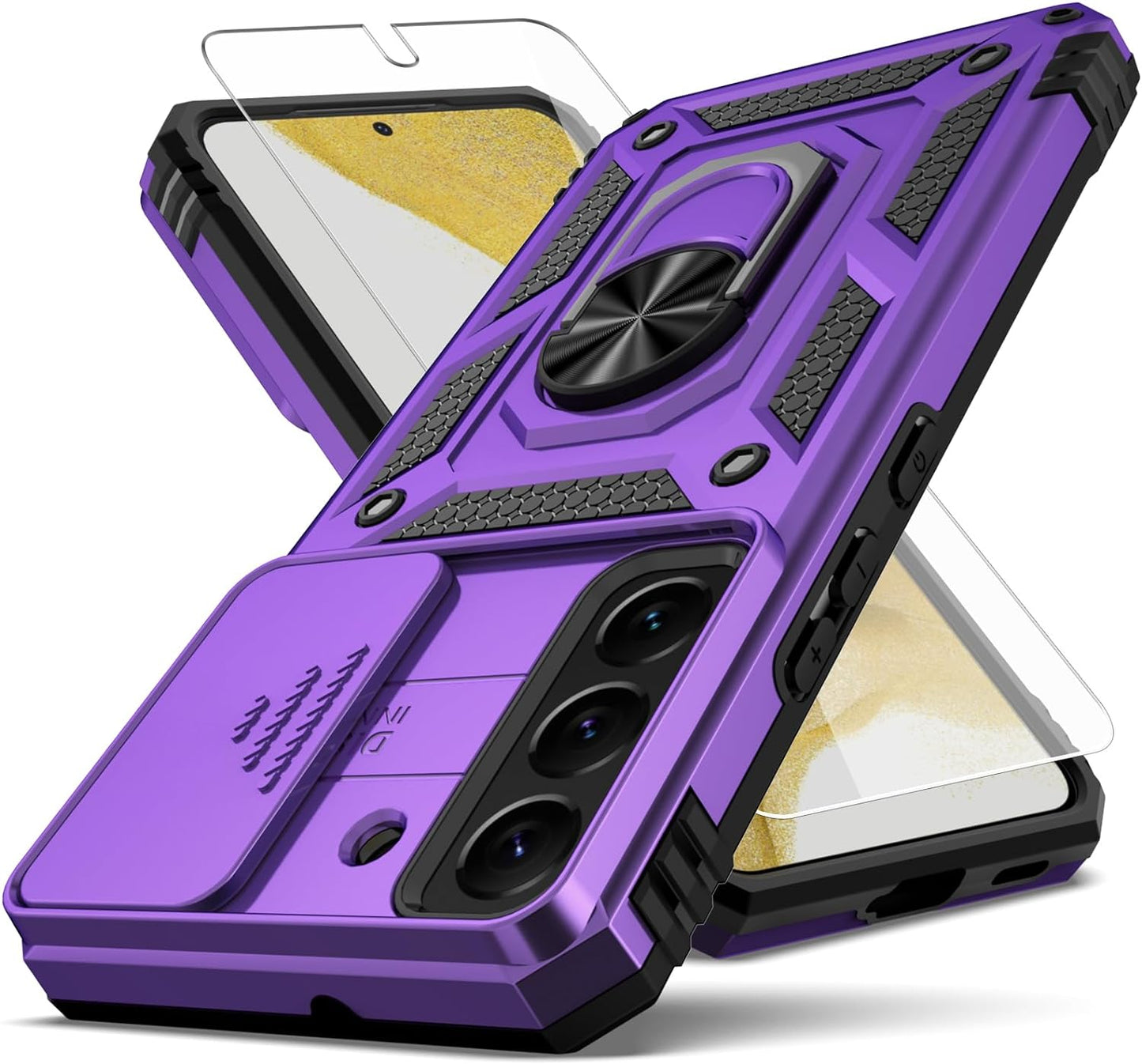 YZOK for Samsung Galaxy S22 Case,With Camera Lens Cover HD Screen Protector,[Military Grade] Ring Car Mount Kickstand Hybrid Hard PC Soft TPU Shockproof Protective Case for Galaxy S22-Green  YZOK Purple  