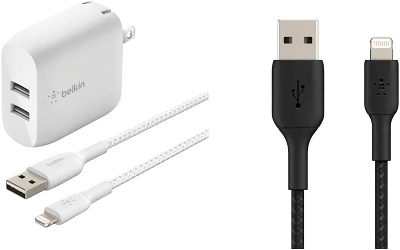 Belkin 24W Dual Port USB Wall Charger - Iphone Fast Charging - USB Charging Block for Power Bank, Iphone 14, Iphone13, Iphone 12, Iphone 11, Ipad Pro, Samsung & More, Iphone Cable Not Included  Belkin Includes Braided Lightning Cable Charger + Cable, 6.5ft/2m, Black 