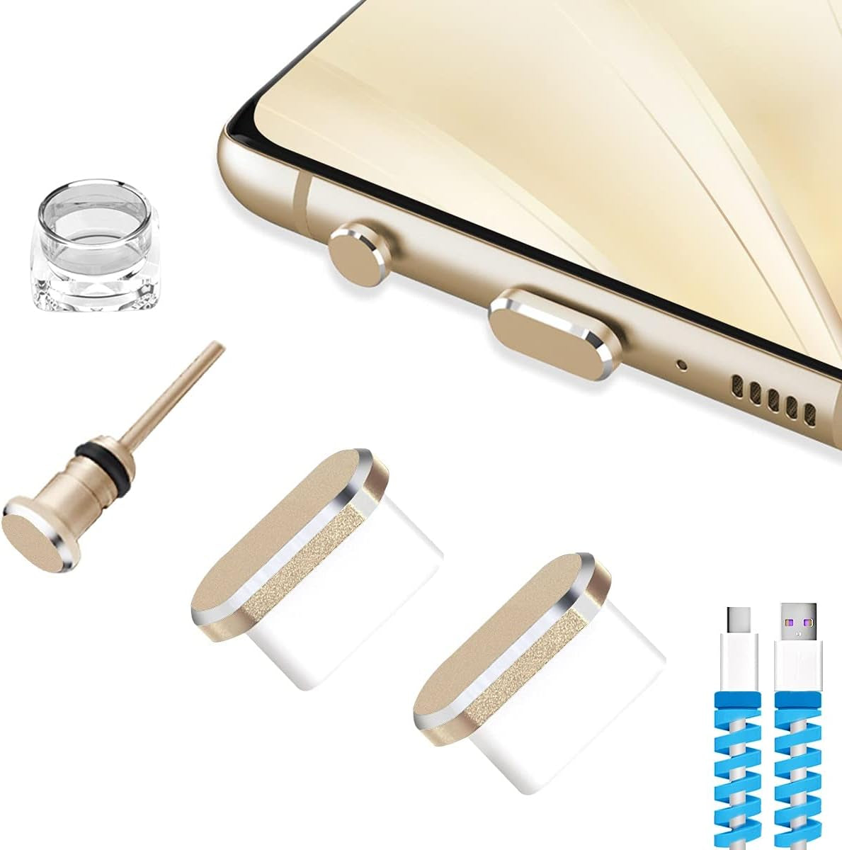 VIWIEU USB Type C Dust Plugs Charging Port Cover Caps with Earphone Jack Pin and Cable Protectors 2 Pack Compatible with Samsung Galaxy S22/S21/S20+ Ultra/Z Flip 4/Z Fold 4, Pixel 6A Oneplus 10T Black  VIWIEU Gold  
