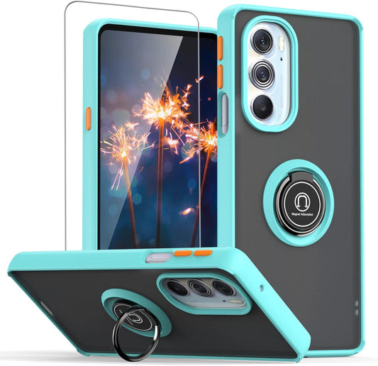 TJS for Motorola Moto Edge plus 2022 / Moto Edge+ 5G UW 2022 / XT2201 / Edge 30 Pro Case with Tempered Glass Screen Protector Metal Ring Kickstand Magnetic Support Protection Phone Case (Light Blue)  TJS   