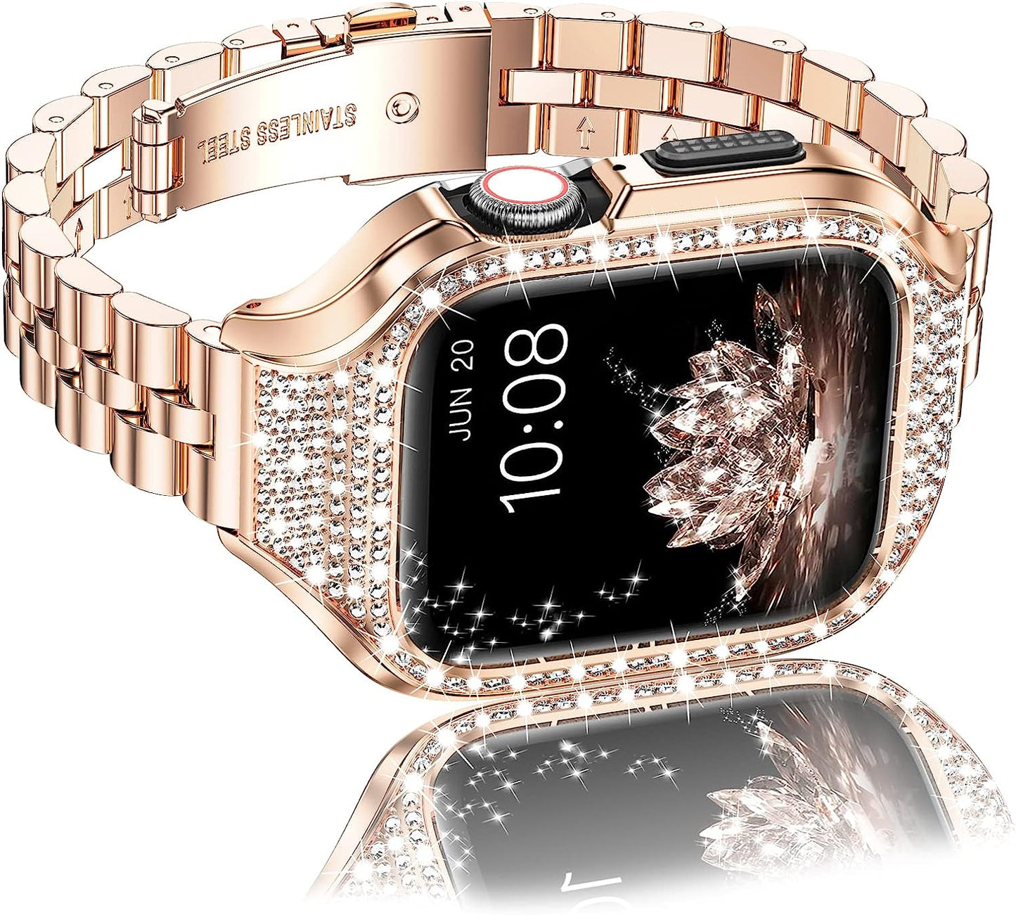 Miohhr Metal Case with Band Compatible with Apple Watch Band Series 8 7(41Mm),Series 6/5/4 (40Mm),Series 3/2/1 (38Mm),Slim Stainless Steel Strap with Bling Diamond Protective Bumper Cover for Iwatch Bands Women  MioHHR Rose Gold 38/40/41mm 