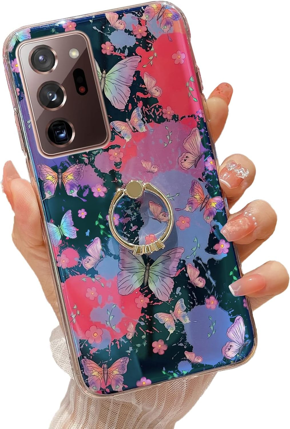 Case for Galaxy Note 20 Ultra 5G Girls Women Cute Luxury Glitter Shiny Sparkly Shell with Ring Stand UPC Soft Slim Bumper Shockproof Protective Phone Cover for Samsung Galaxy Note 20 Ultra 6.9" - Pink  Easyscen Colorful Butterfly  