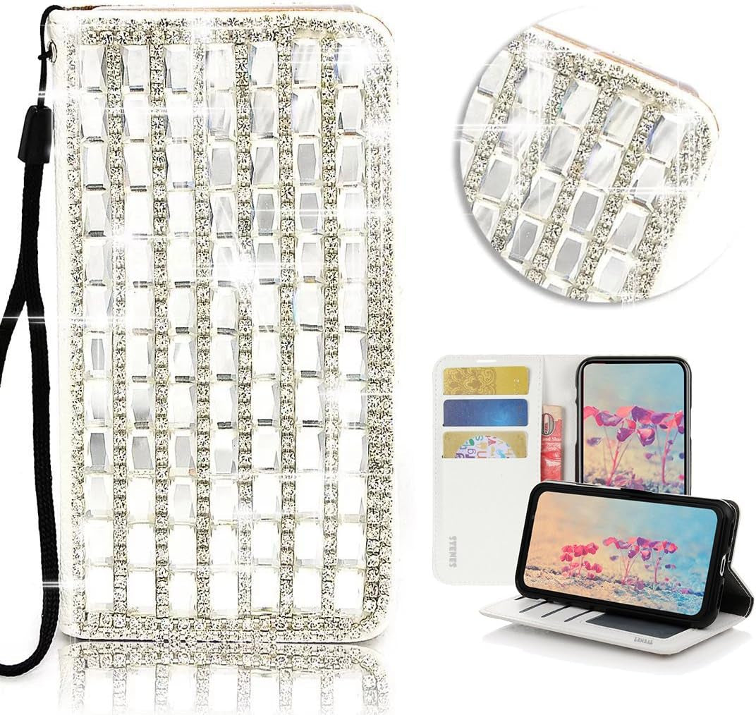 STENES LG G6 Case, LG G6 plus Case - STYLISH - 3D Handmade Bling Crystal Pearl Lattice Design Wallet Credit Card Slots Fold Stand Leather Cover Case for LG G6/LG G6 plus - White  STENES   