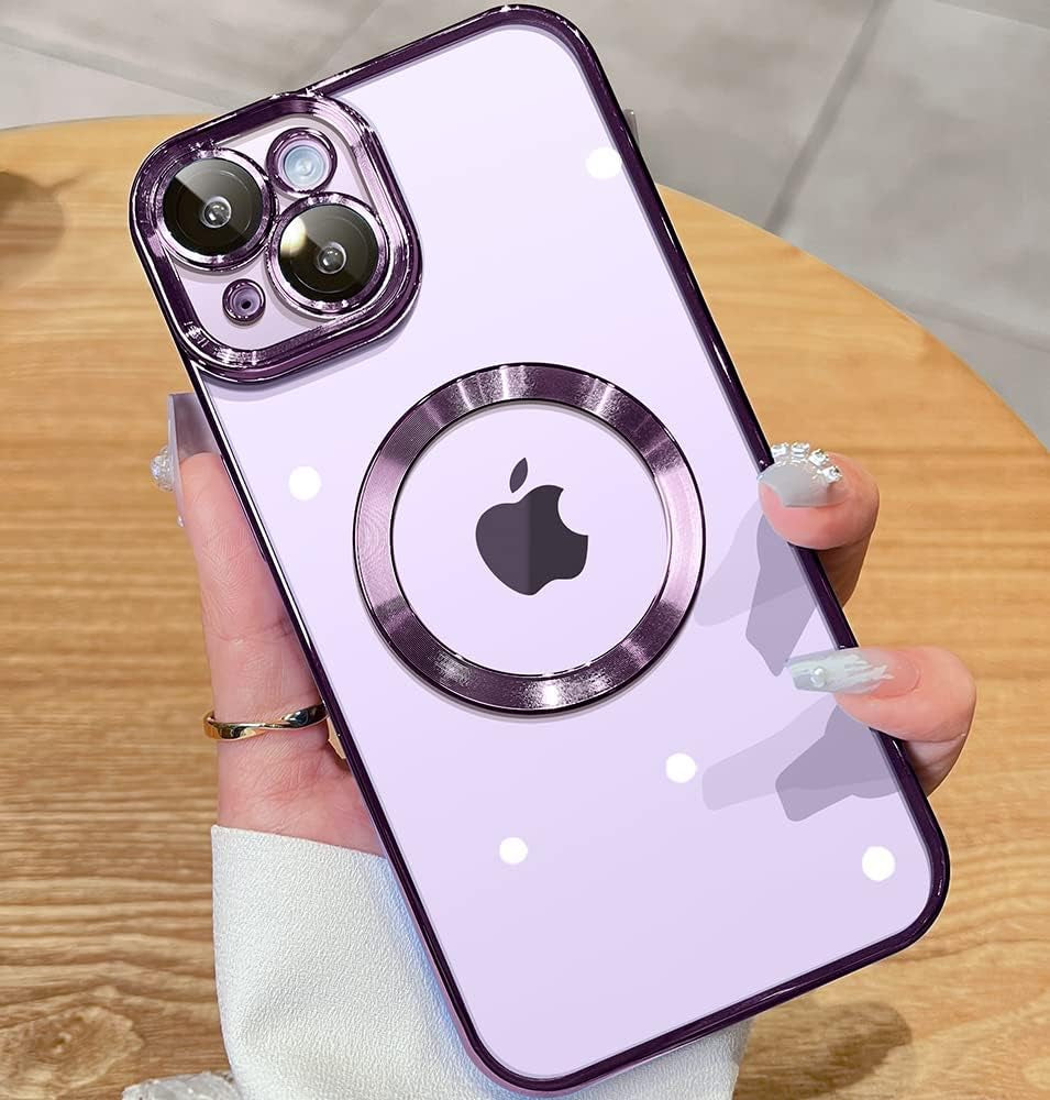 JUESHITUO Magnetic Matallic Glossy Clear for Iphone 14 plus Case with Full Camera Cover Protection [No.1 Strong N52 Magnets] [Military Grade Drop Protection] for Women Girls Phone Case (6.7")-Blue  JUESHITUO A-Purple  