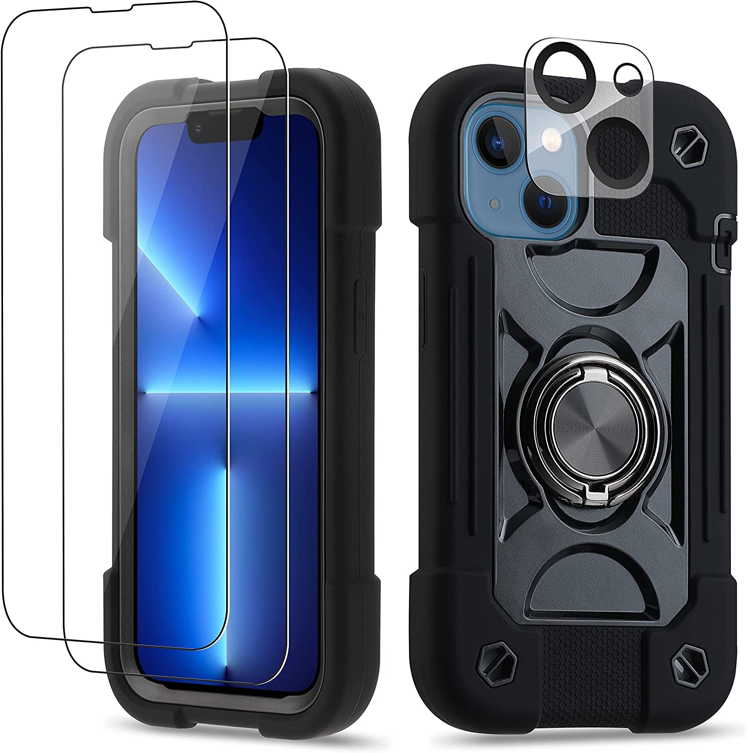 Cookiver for Iphone 14 Case/Iphone 13 Case 6.1 Inch with Ring Stand, with 2 Pack Glass Screen Protector + 1 Pack Camera Lens Protector,Heavy-Duty Shockproof Military Grade Rugged Cover (Black)  Cookiver Black  