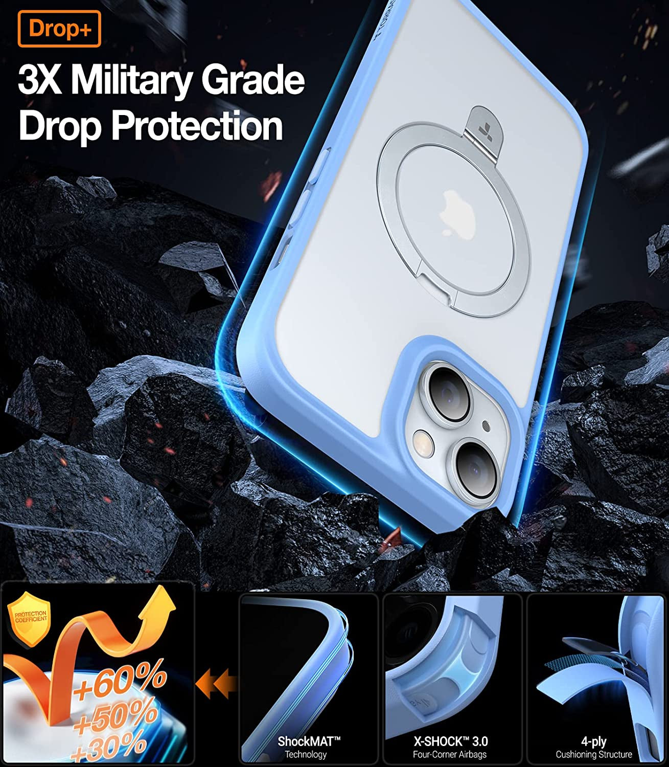 TORRAS Magnetic UPRO Ostand for Iphone 14 Case/Iphone 13 Case 6.1 Inch, [Compatible with Magsafe] Matte Hard Back with Soft Silicone Edge Protective yet Slim Kickstand Phone Cases for Iphone 14, Blue  TORRAS   