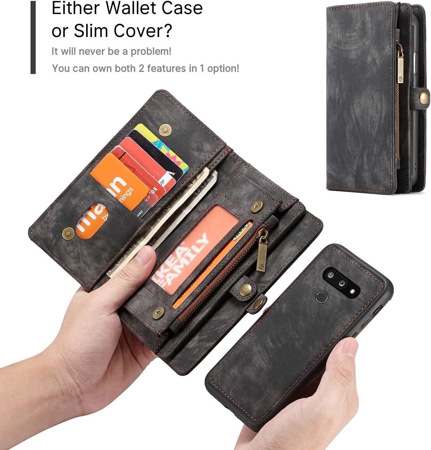 Simicoo LG G8 Thinq Leather Wallet Zipper Purse Detachable Card Slots Holder Flip Case Magnetic Wrist Strap Handle Shockproof Cover Pocket Wallet Handbag for LG G8 Thinq (Black, LG G8 Thinq)  Simicoo   