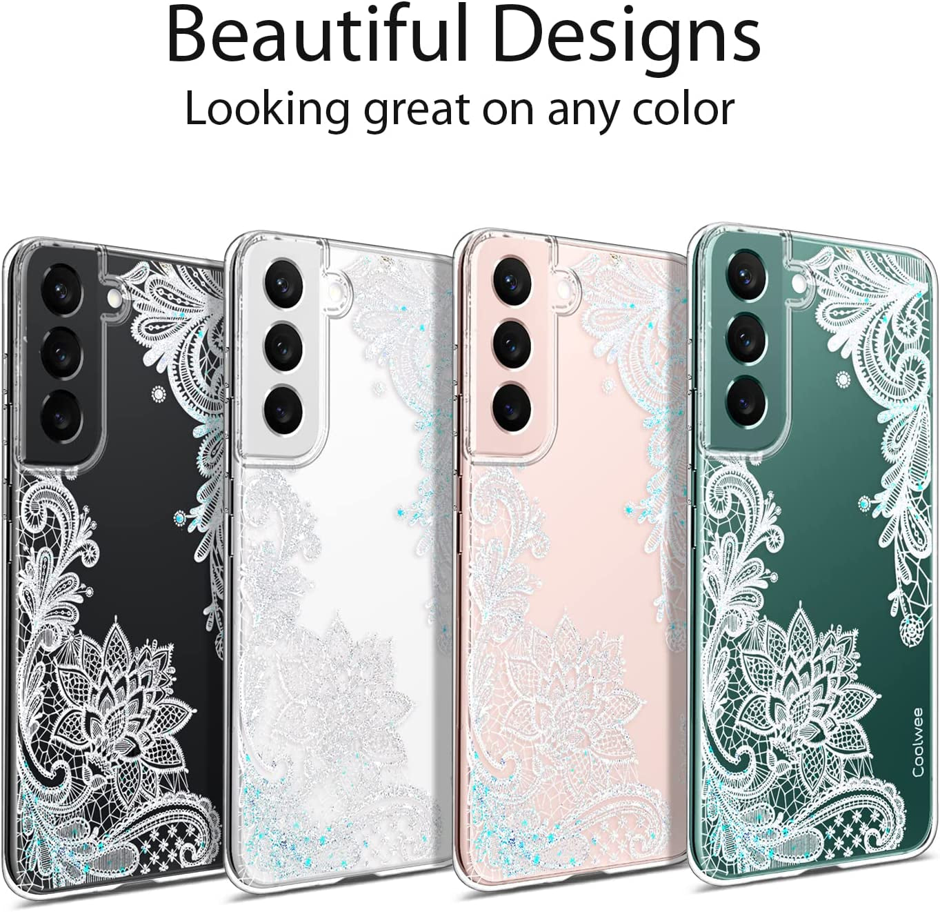 Coolwee Clear Glitter for Galaxy S22, 6.1 Inch, Thin Flower Slim Cute Crystal Lace Bling Shiny for Women Girls Floral Plastic Hard Back Soft TPU Bumper Protective Cover for Samsung S22 Mandala Henna  Coolwee   
