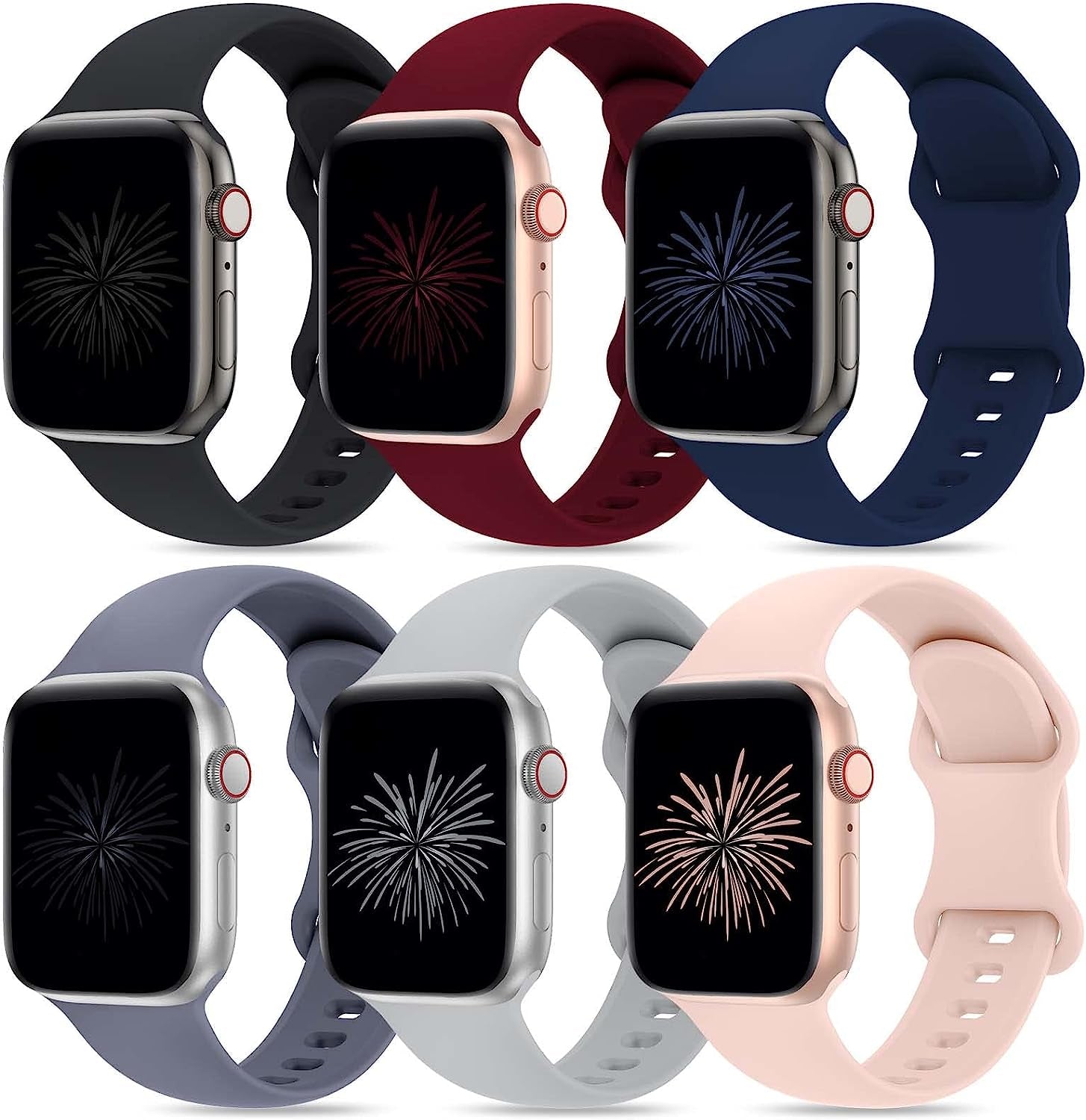 Qrose 6 Pack Bands Compatible with Apple Watch 38Mm 40Mm 41Mm 42Mm 44Mm 45Mm 49Mm, Soft Silicone Replacement Sport Strap Wristbands for Iwatch Series Ultra 8/7/6/5/4/3/2/1 SE Women Men  QRose Black/Wine Red/Navy Blue/Blue Gray/Gray/Pink Sand 38/40/41mm 