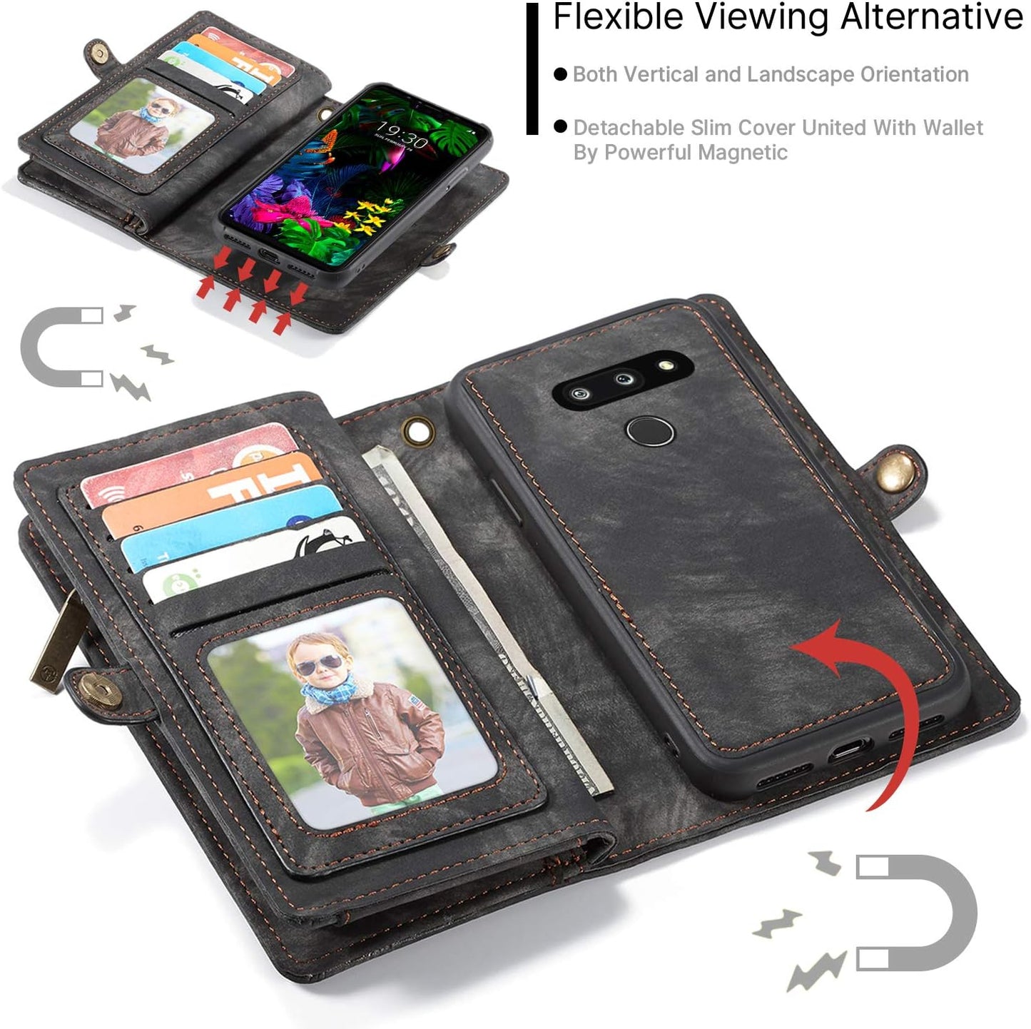 Simicoo LG G8 Thinq Leather Wallet Zipper Purse Detachable Card Slots Holder Flip Case Magnetic Wrist Strap Handle Shockproof Cover Pocket Wallet Handbag for LG G8 Thinq (Black, LG G8 Thinq)  Simicoo   