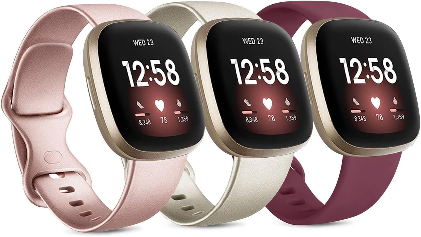 3 Pack Silicone Bands for Fitbit Sense Bands Fitbit Versa 3 Bands Women Men, Classic Soft Sport Bands Replacement Wristbands for Fitbit Sense/Versa 3 Smart Watch (Black/White/Gray, Large)  Amzpas Rose gold/Gold/Wine red Large 