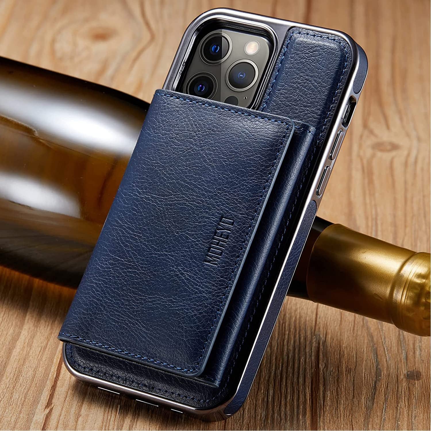 MOHEYO Designed for Iphone 14 Pro Max Case Compatible with Magsafe Removable Wallet Card Holder Magnetic Slim Thin Vegan Leather Cover (Blue)  MOHEYO   