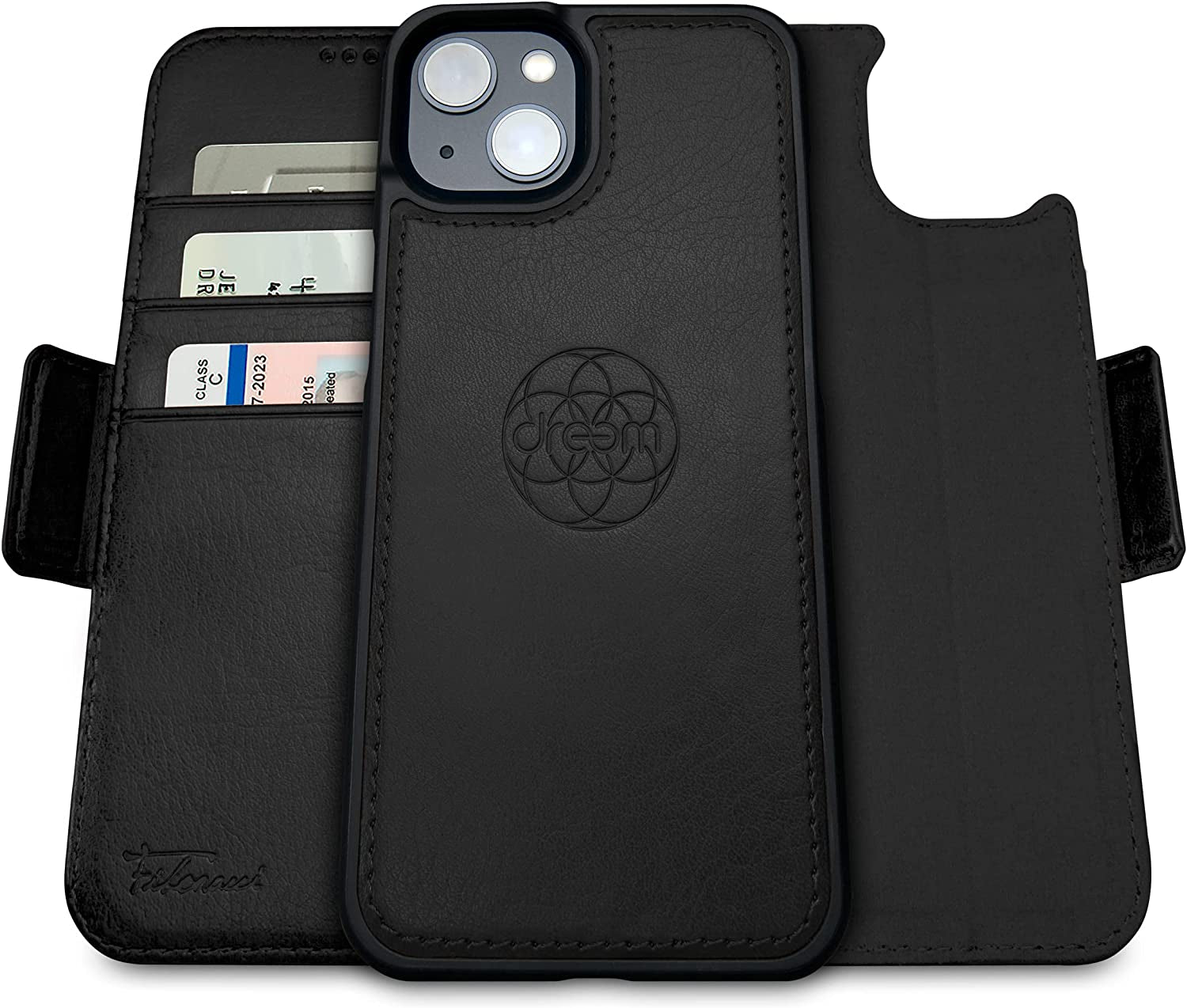 Dreem Fibonacci 2-In-1 Wallet Case for Apple Iphone 14 plus - Luxury Vegan Leather, Magnetic Detachable Shockproof Phone Case, RFID Card Protection, Magsafe Compatible - Black  dreem   