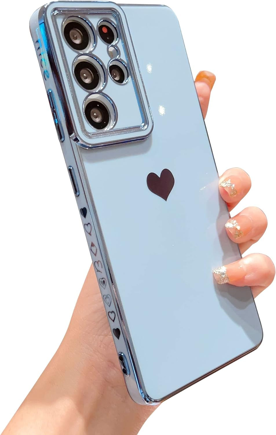 VANIPUFF Samsung Galaxy S21 Ultra 5G 6.8" Phone Case with Luxury Electroplate Cute Side Love Heart Cover Full Camera Protection Soft Silicone Anti-Fingerprint Shockproof Cover Bumper (Pink)  VANIPUFF\1 Blue  