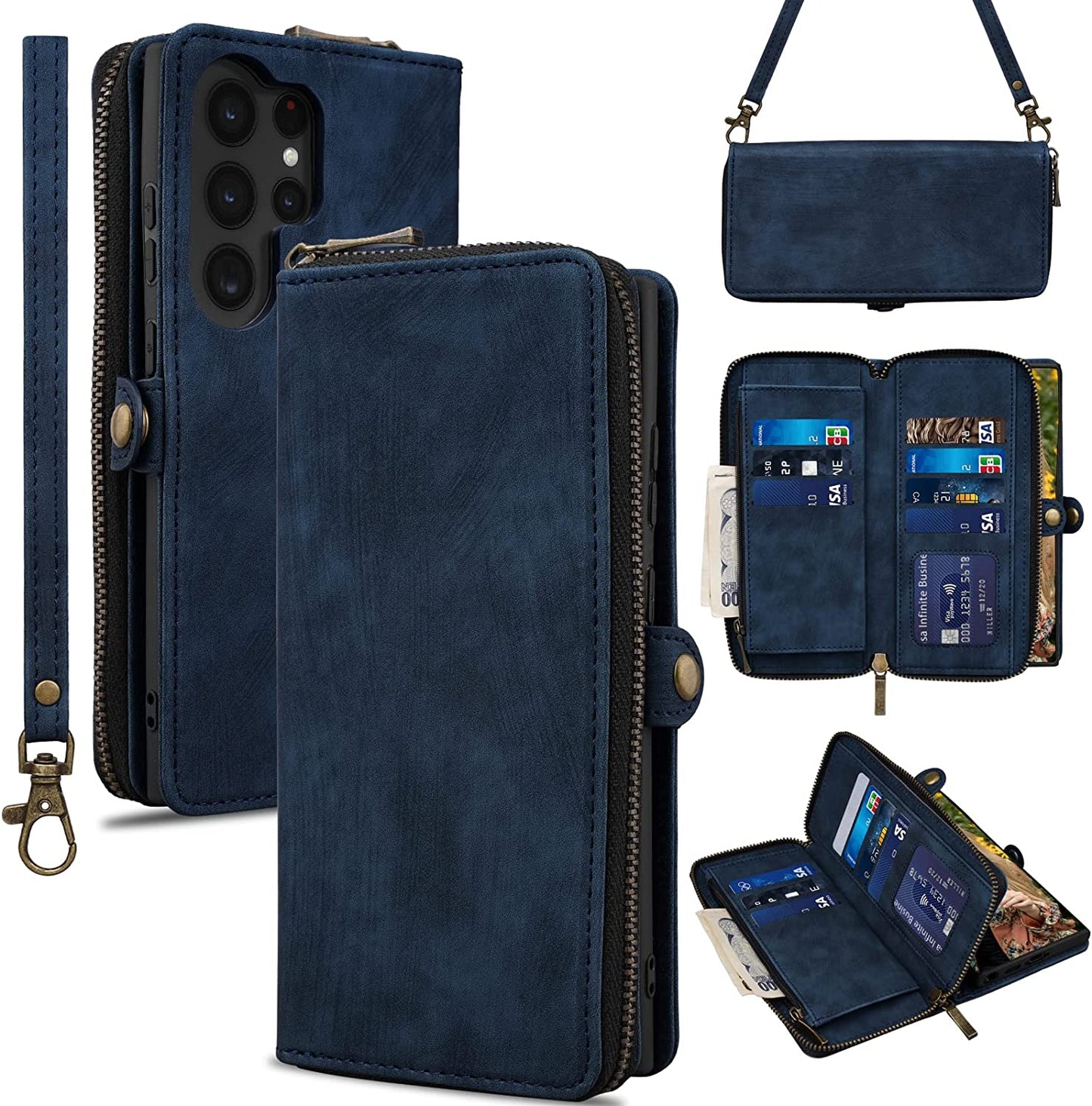 Rssviss for Iphone 12/12 Pro Case Wallet Cover for Women Men, 《RFID Blocking》《Magsafe》Credit Card Holder Leather Strap Zipper Wristlet Iphone 12 Pro Case with Magnetic Shockproof 6.1" Vintage Pink  Rssviss Blue 6.8 inch Samsung Galaxy S23 Ultra 5G 