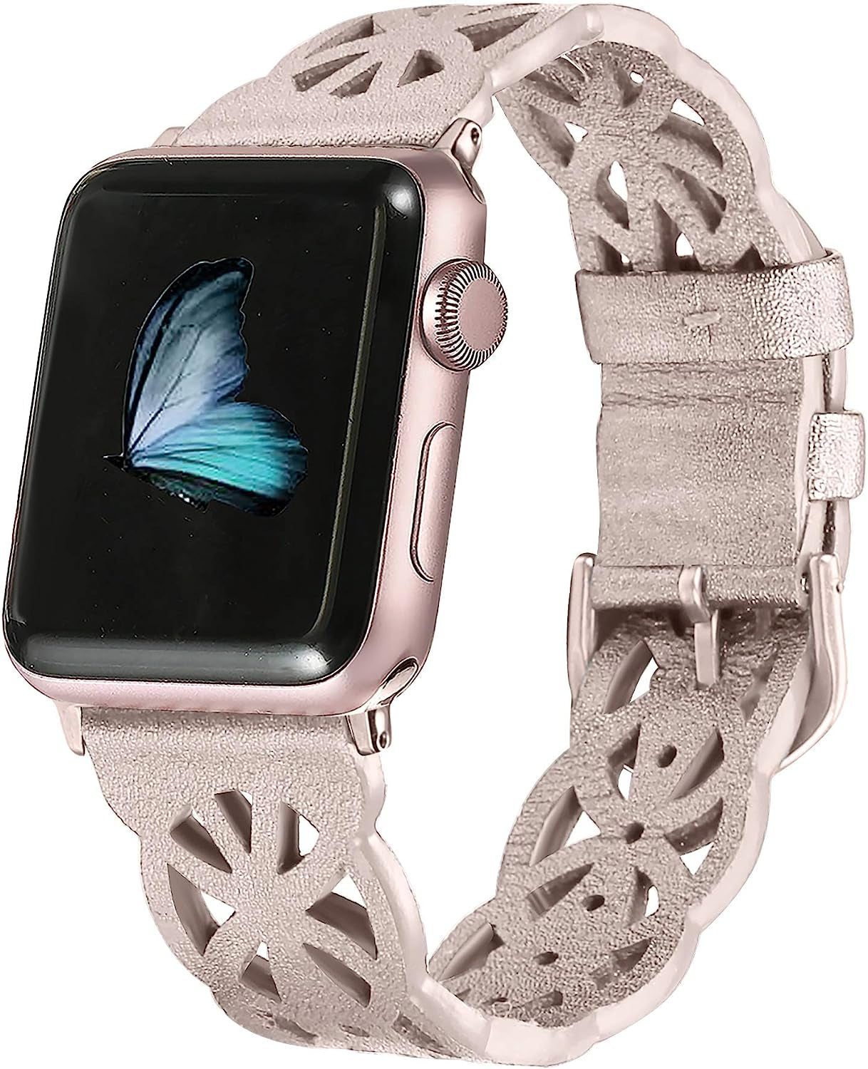 Secbolt Hollowed-Out Leather Band Compatible with Apple Watch 38Mm 40Mm 41Mm 42Mm 44Mm 45Mm Iwatch Series 8/7/6/SE/5/4/3/2/1, Elegant Top-Grain Leather Wristband Strap Accessories for Women  Secbolt   