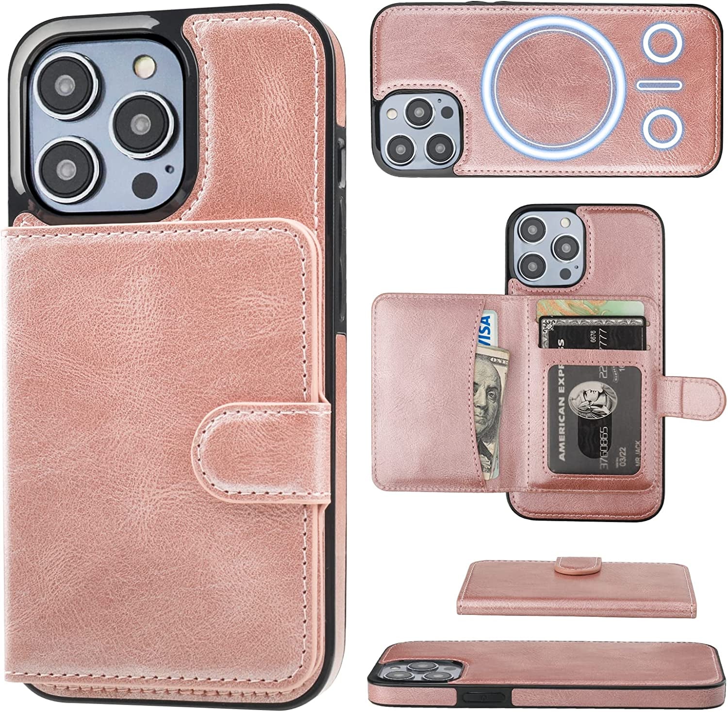 Bocasal Wallet Case for Iphone 14 Pro Compatible with Magsafe Magnetic RFID Blocking Detachable Premium PU Leather Flip Case with Card Slots Holder Kickstand Wireless Charging 6.1 Inch (Black)  Bocasal Rose Gold  