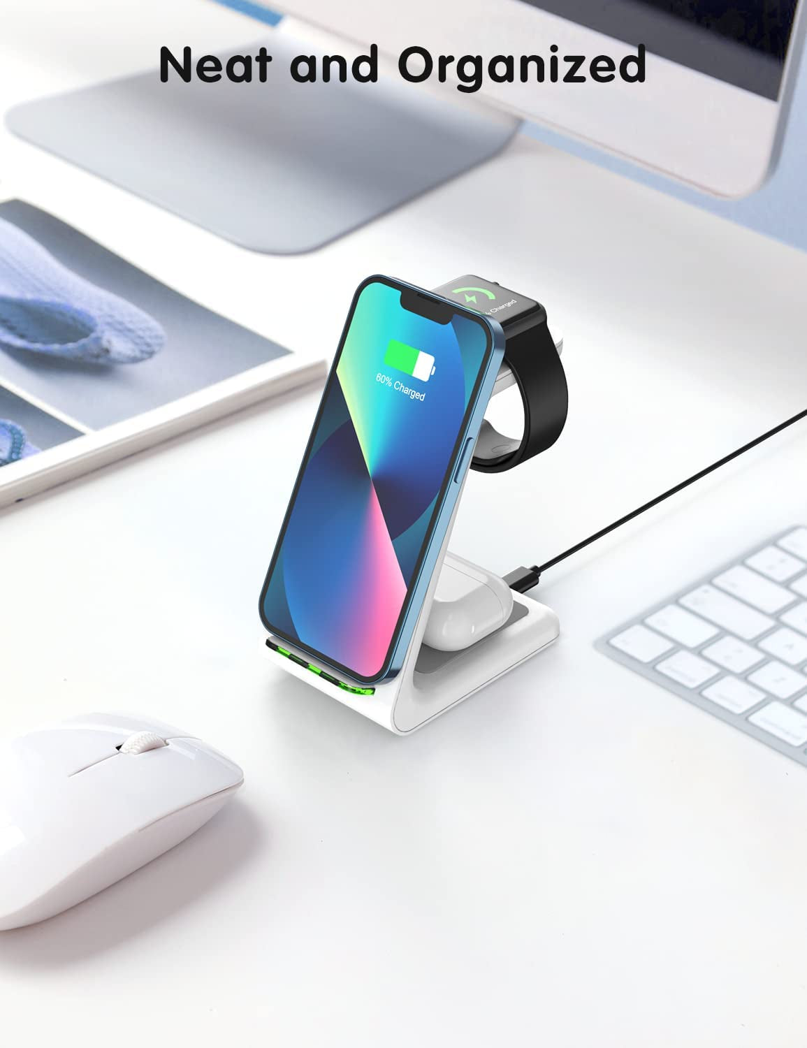 Joygeek Wireless Charging Station, Wireless Charger Stand, 3 in 1 Charging Station for Apple Iphone 14/13/12/11/SE/X/8 Series, Apple Watch Ultra/8/Se/7/6/3, Airpods Pro 2/3/2/Pro - White  JoyGeek   