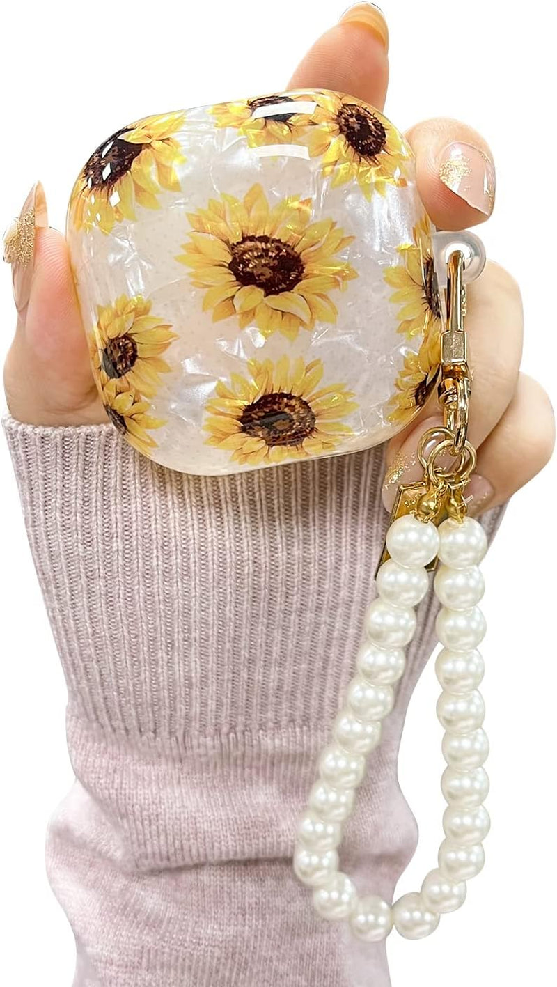 Fycyko Compatible with Samsung Galaxy Buds 2 Pro(2022)/Galaxy Buds Pro Case/Galaxy Buds 2 Case/Galaxy Buds Live Case with Pearl Keychain Cute Shockproof Protective Cover Case White  Fycyko Sunflower  