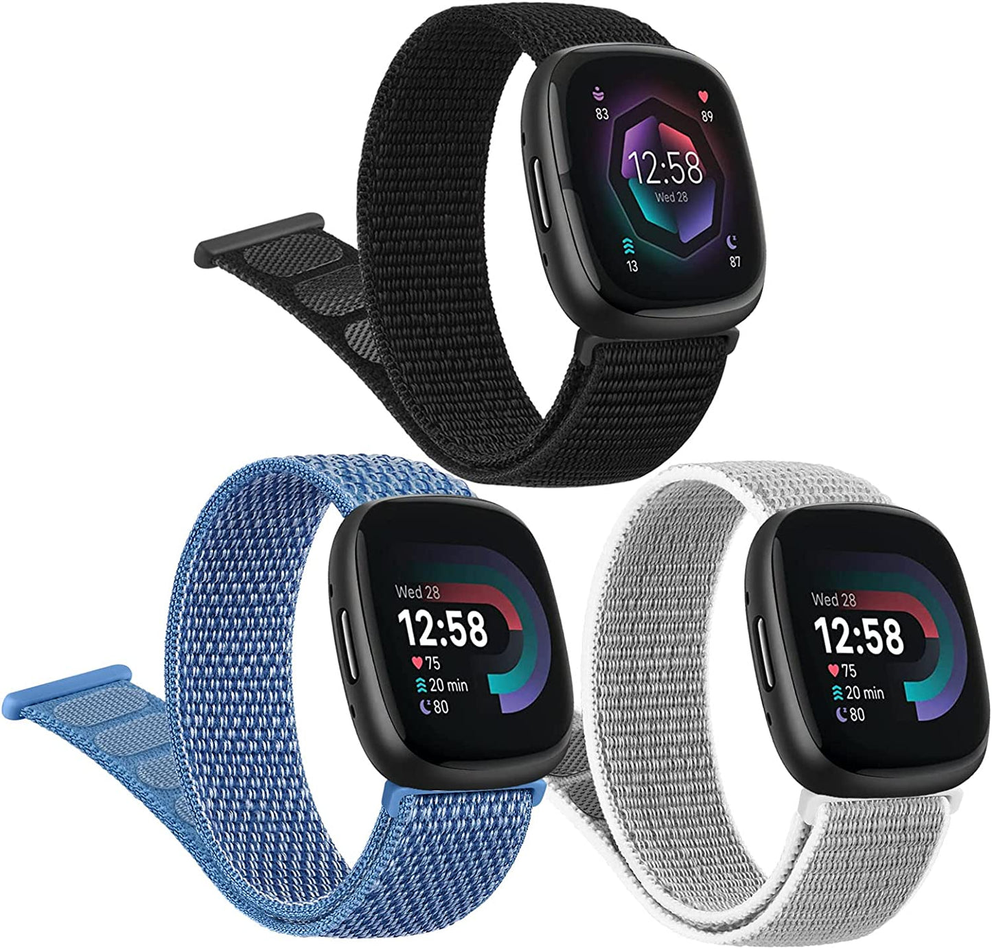 3 Pack Nylon Bands for Fitbit Sense 2/Sense/Versa 4/Versa 3 Bands for Women Men, Soft Breathable Adjustable Replacement Strap Wristbands for Fitbit Sense & Sense 2/Versa 3 & 4 (Black/Cape Code Blue/Seashell)  Vancle   