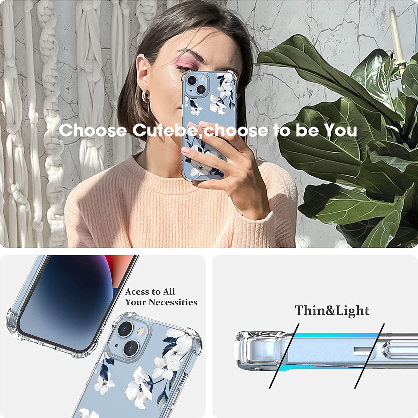 Cutebe [3 in 1 Crystal Phone Case for Iphone 13(2021)/Iphone 14(2022) 6.1", Cute Protective Cover with 9H Temper Glass Screen Protector + HD Temper Camera Lens Protector for Women, Girls  Cutebe   