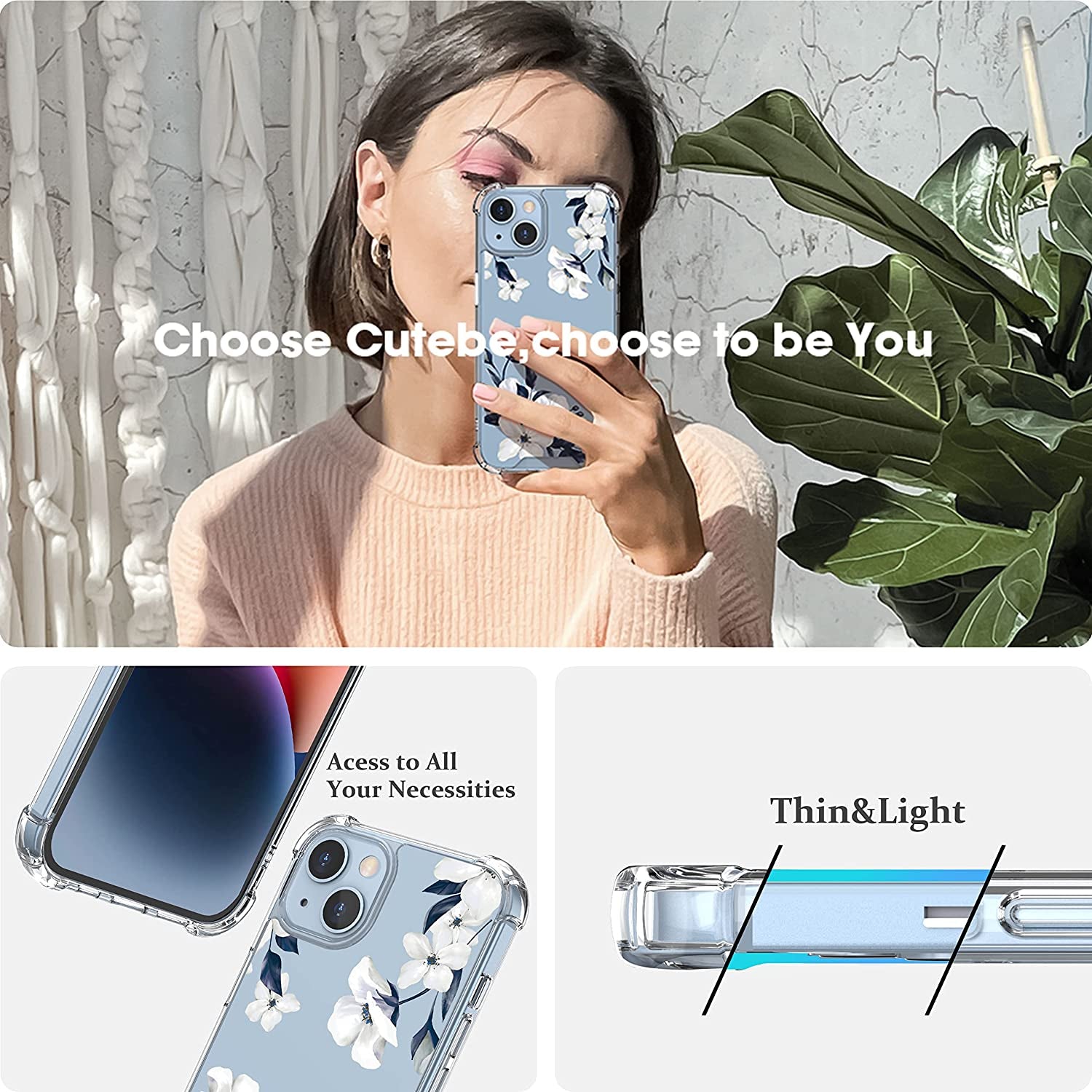 Cutebe [3 in 1 Crystal Phone Case for Iphone 13(2021)/Iphone 14(2022) 6.1", Cute Protective Cover with 9H Temper Glass Screen Protector + HD Temper Camera Lens Protector for Women, Girls  Cutebe   