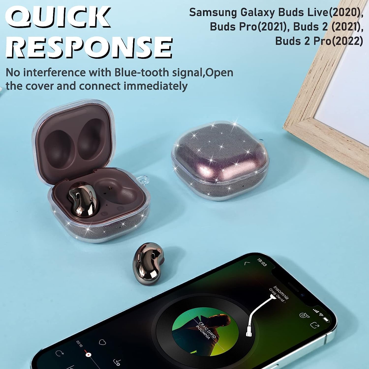 Cute Sparkle Case for Samsung Galaxy Buds 2 Pro(2022)/Galaxy Buds Pro/Buds 2/Buds Live with White Pearl Wrist Keychain for Women Girls Kids Clear Bling Glitter Protective Soft Silicone Cover  DiyGody   