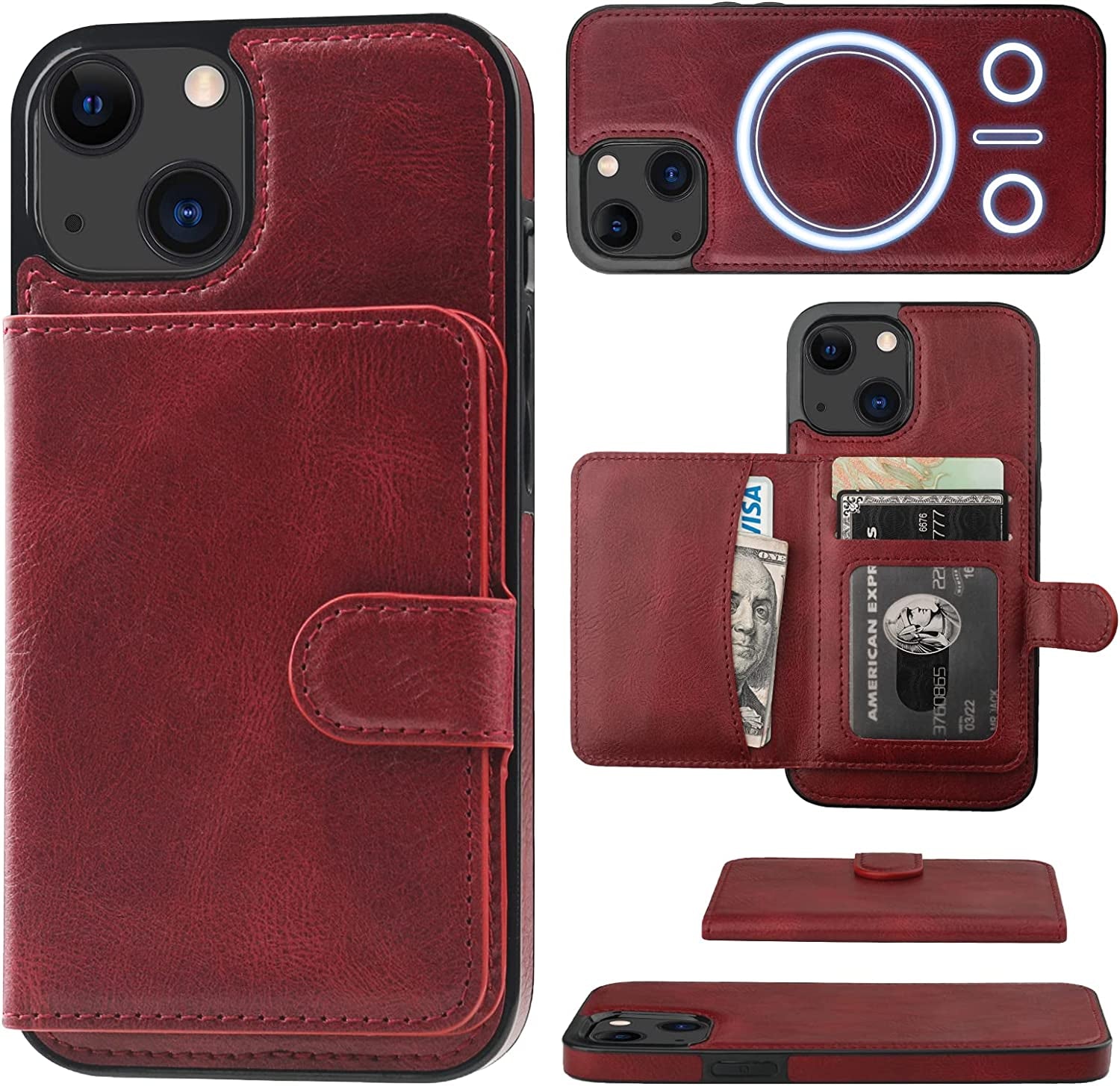 Bocasal Wallet Case for Iphone 13 Compatible with Magsafe Magnetic RFID Blocking Detachable Premium PU Leather Flip Case with Card Slots Holder Kickstand Wireless Charging 6.1 Inch (Brown)  Bocasal Wine Red  