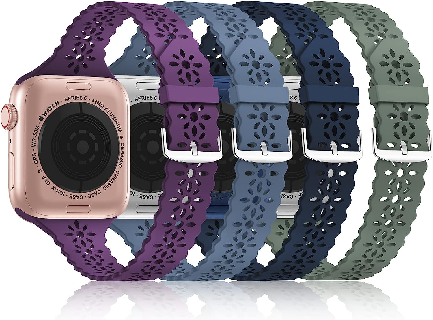 Bandiction 4 Pack Lace Silicone Bands Compatible with Apple Watch Band 38Mm 40Mm 41Mm 42Mm 44Mm 45Mm 49Mm, Women Slim Thin Hollow-Out Sport Wristband for Iwatch Series Ultra 8 SE 7 6 5 4 3 2 1  Bandiction Dark Purple/Navy Blue/Alaskan Blue/Olive Green 42mm/44mm/45mm/49mm 
