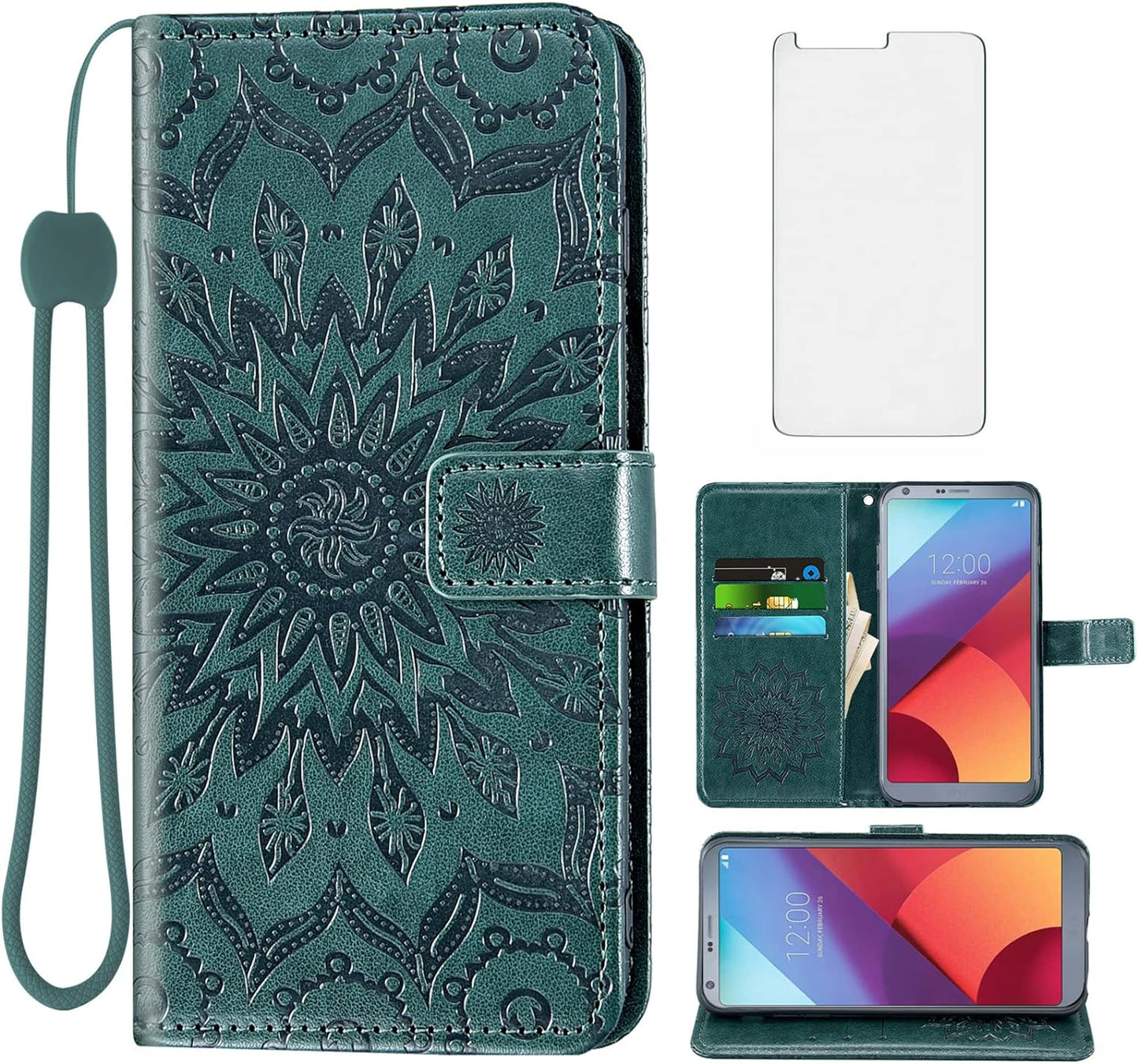 Phone Case for LG G6 Wallet Cases with Tempered Glass Screen Protector and Leather Slim Flip Cover Card Holder Stand Cell Accessories LGG6 Thinq LG6 Thin Q G 6 plus G6+ 6G VS988 H872 Women Purple  Asuwish Dark Green  
