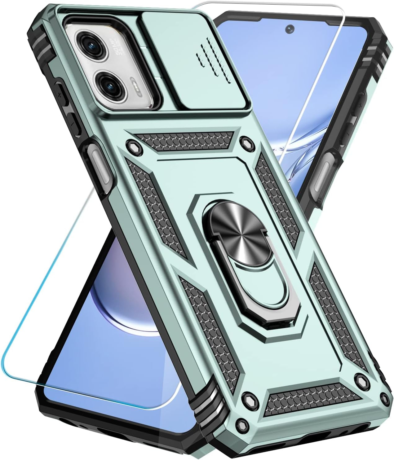 Sunstory for Motorola Moto G Power 5G 2023 Case with Tempered Glass Screen Protector & Slide Camera Cover & Kickstand, [Military-Grade] Phone Case for Moto G Power 5G 2023 (Gold)  SunStory Green  