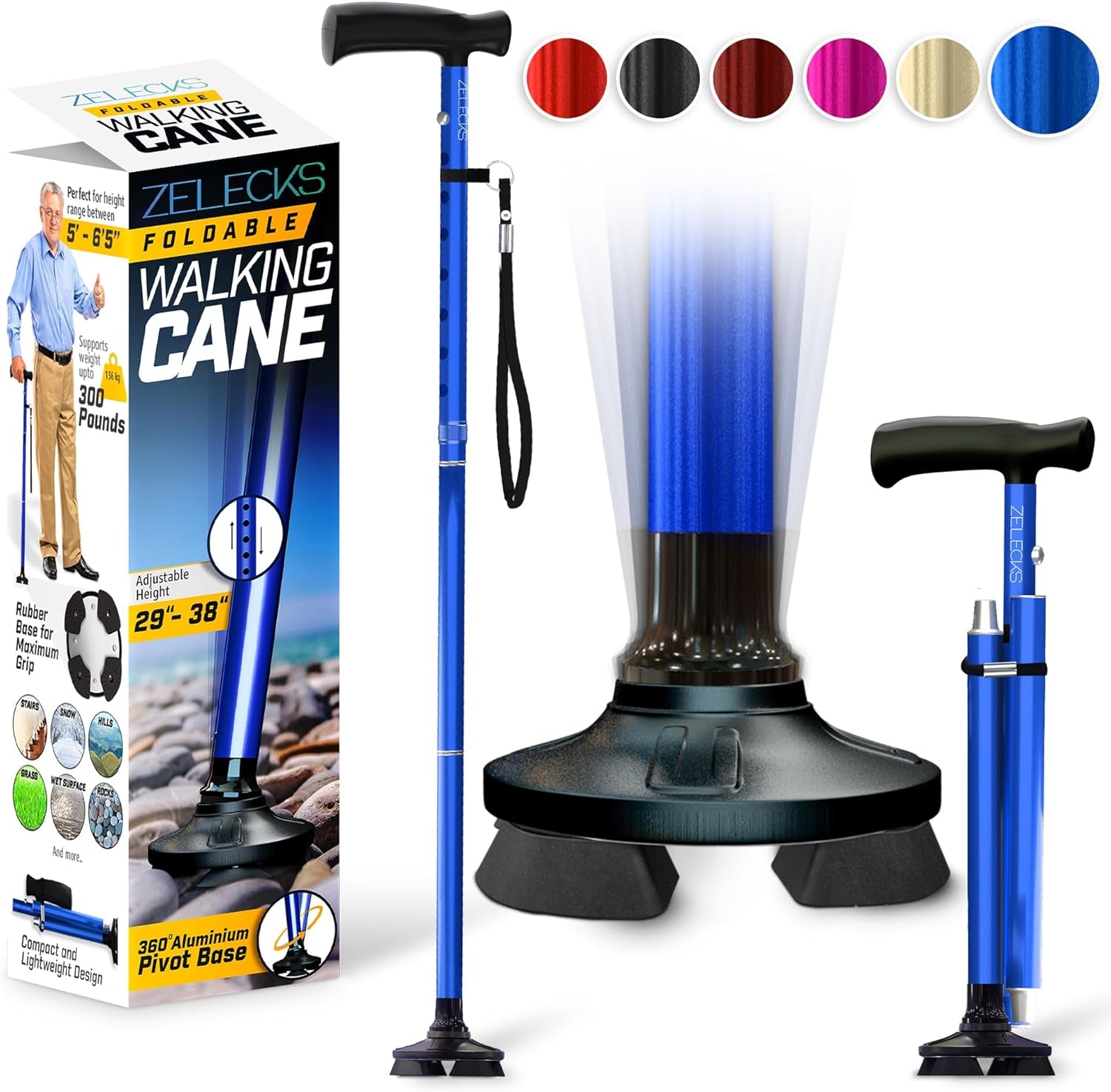 ZELECKS Walking Cane for Women & Men - Self Standing Adjustable Folding Cane with T Handle and 360 Pivot Base - Lightweight Foldable Walking Stick for Seniors - Collapsible Cane for Walking  ZELECKS Blue  