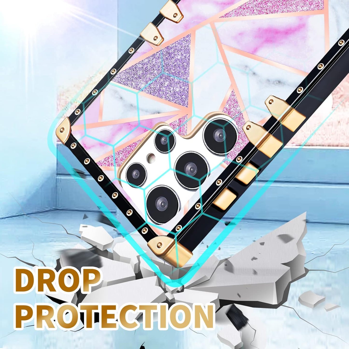 Loheckle for Samsung Galaxy S22 Ultra Case for Women Girls with Ring Stand Holder and Lanyard, Marble Camo Retro Luxury Glamour Cute Square Edges Phone Cover for S22 Ultra  JianKeJi   