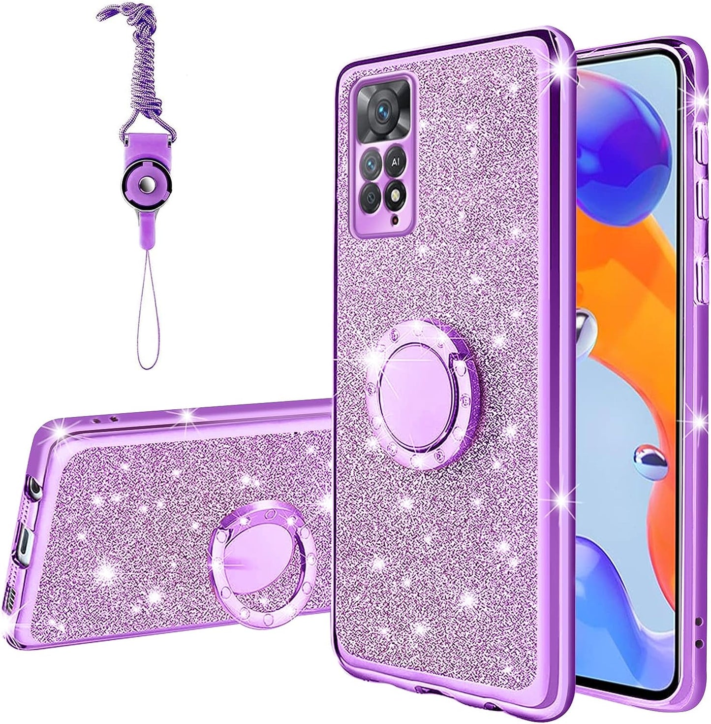 TSAYGFK for Xiaomi Redmi Note 11 Pro 5G Case for Women Glitter Crystal Soft Stylish Clear TPU Luxury Bling Cute Protective Cover with Kickstand Strap for Redmi Note 11 Pro 5G/4G (Glitter Rose)  TSAYGFK Glitter Purple  