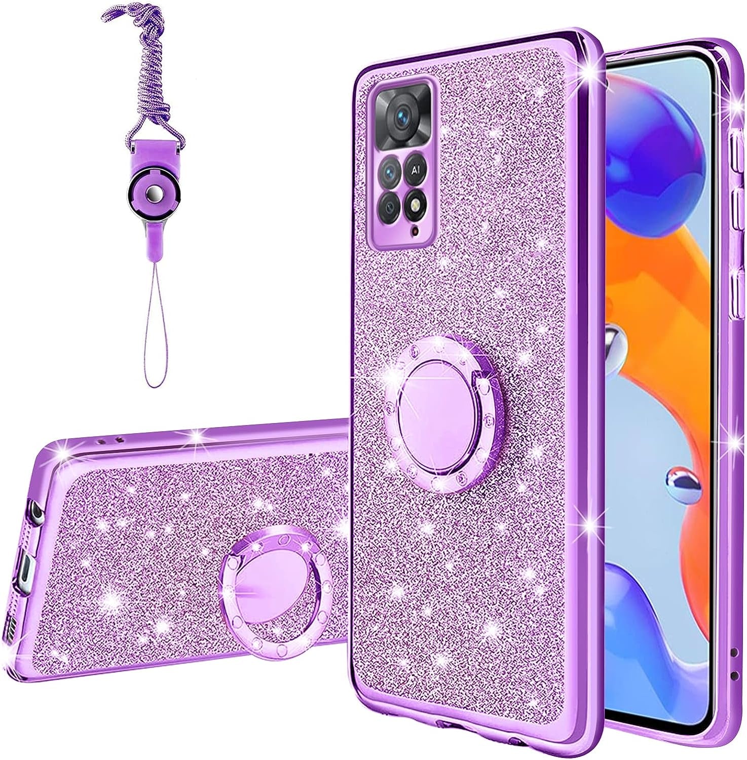 TSAYGFK for Xiaomi Redmi Note 11 Pro 5G Case for Women Glitter Crystal Soft Stylish Clear TPU Luxury Bling Cute Protective Cover with Kickstand Strap for Redmi Note 11 Pro 5G/4G (Glitter Rose)  TSAYGFK Glitter Purple  