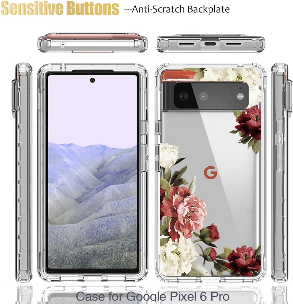 Yodueiv for Pixel 6 Pro Case,Pixel 6 XL G8VOU Case, Full-Body Cute Clear Floral Pattern Protective Phone Cover Case for Google Pixel 6 Pro 5G (Flower)  Yodueiv   