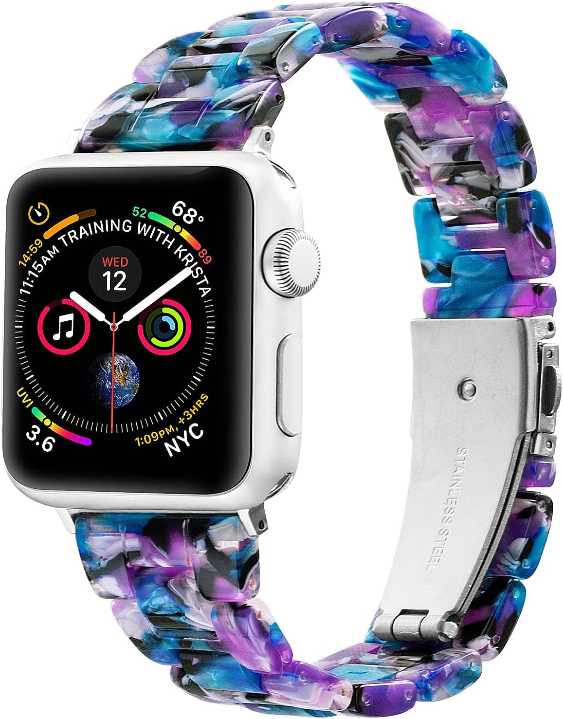 Sangaimei Light Fashion Resin Apple Watch Band with Stainless Steel Buckle Compatible Apple Watch Band 45Mm 44Mm 42Mm 41Mm 40Mm 38Mm Replacement Iwatch Series 8 7 6 5 4 3 2 1 SE for Women Starlight  SaNgaiMEi Purple blue white 38mm/40mm/41mm 