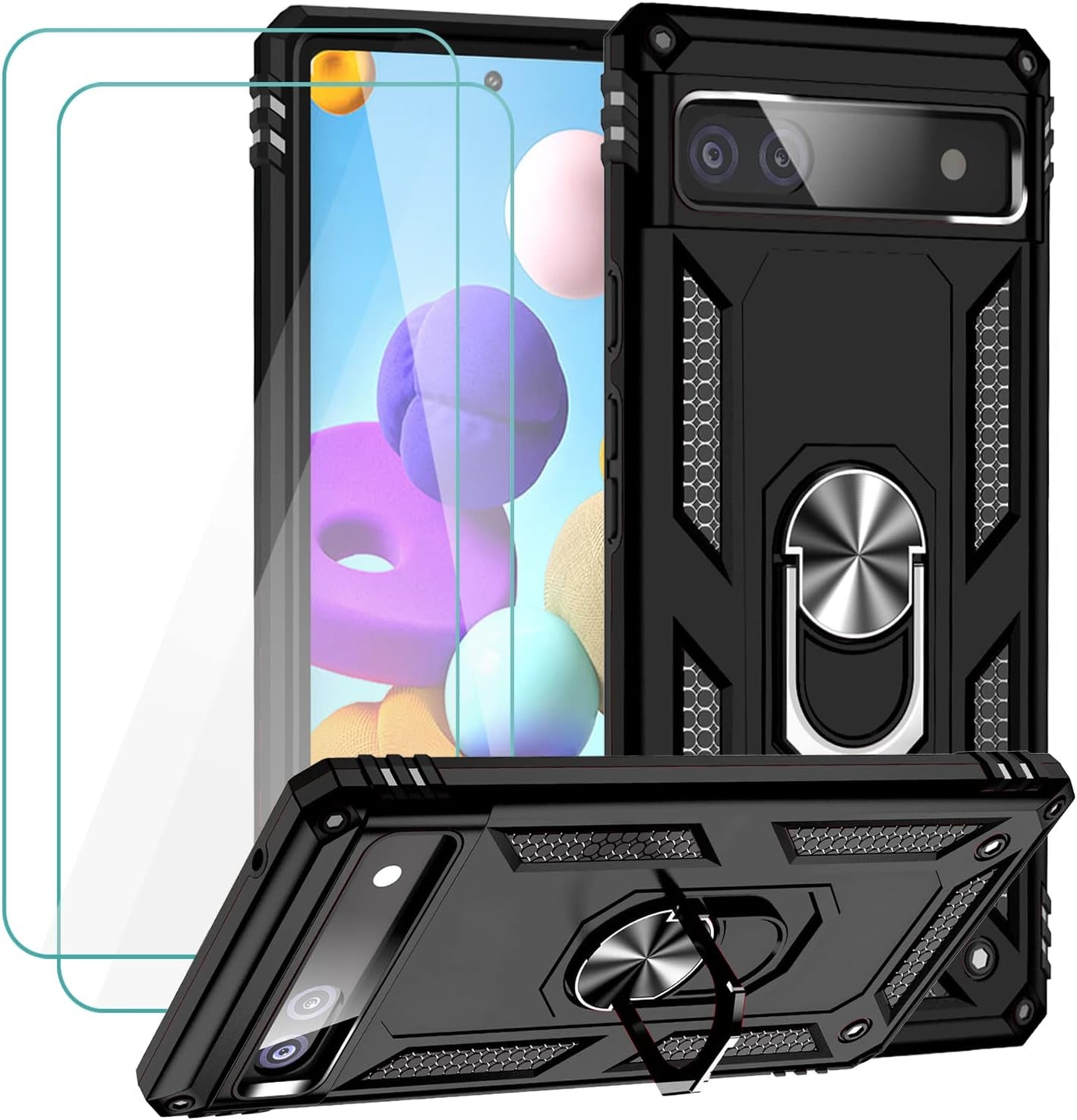 Muntinfe for Google Pixel 6A Case with Tempered Glass Screen Protector [2 Pack], Military-Grade Armor Shockproof Protective Phone Cover with Ring Magnetic Kickstand for Pixel 6A, Black  CAROL   