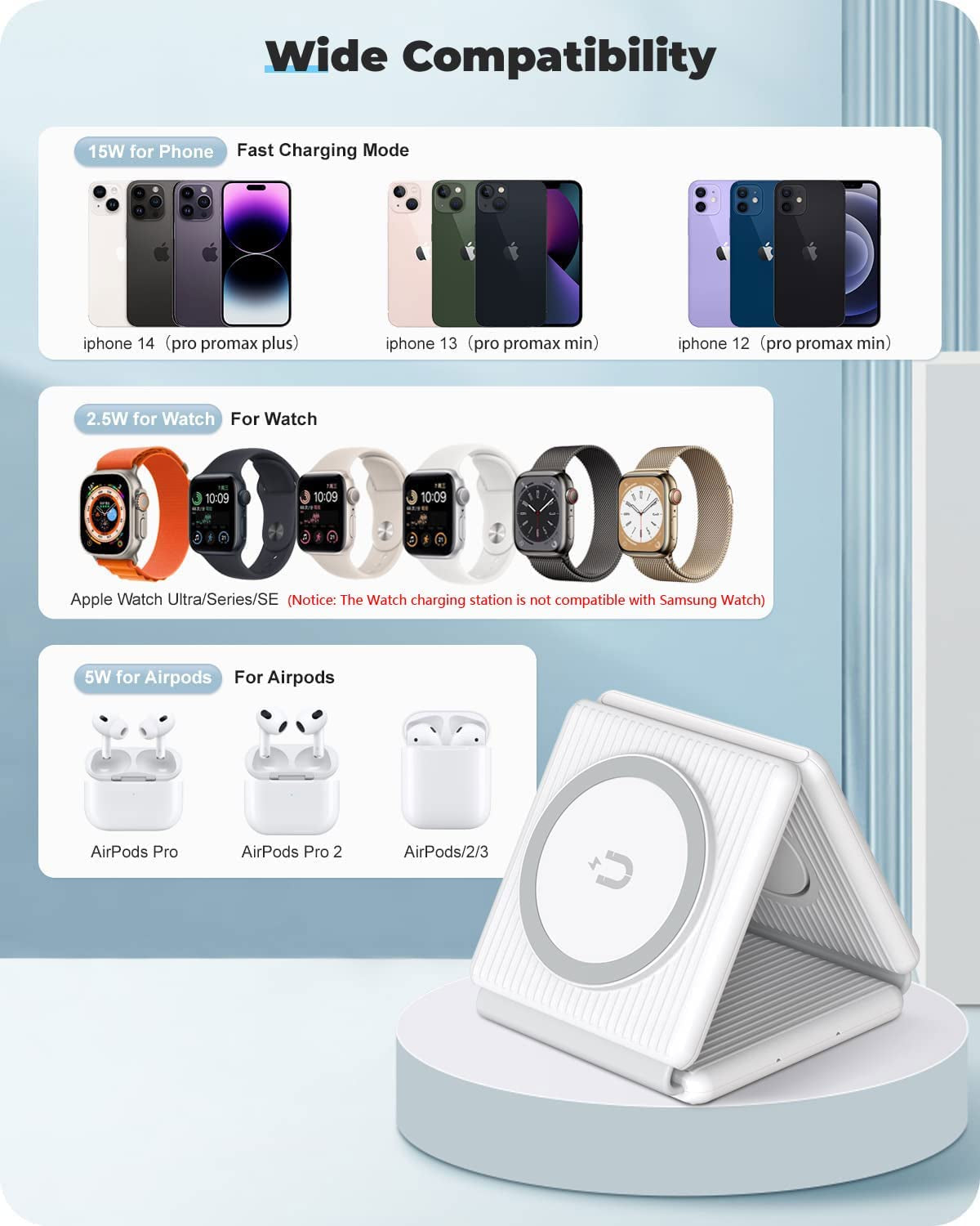 Wireless Charger,Kafiya 3 in 1 Wireless Charging Station,Foldable Travel Fast Charger Compatible for Iphone 14/Pro/Max/Plus/13/12 Series,Air_Pods 3/2/Pro,Iwatch,Samsung(Adapter Included)  KAFIYA   