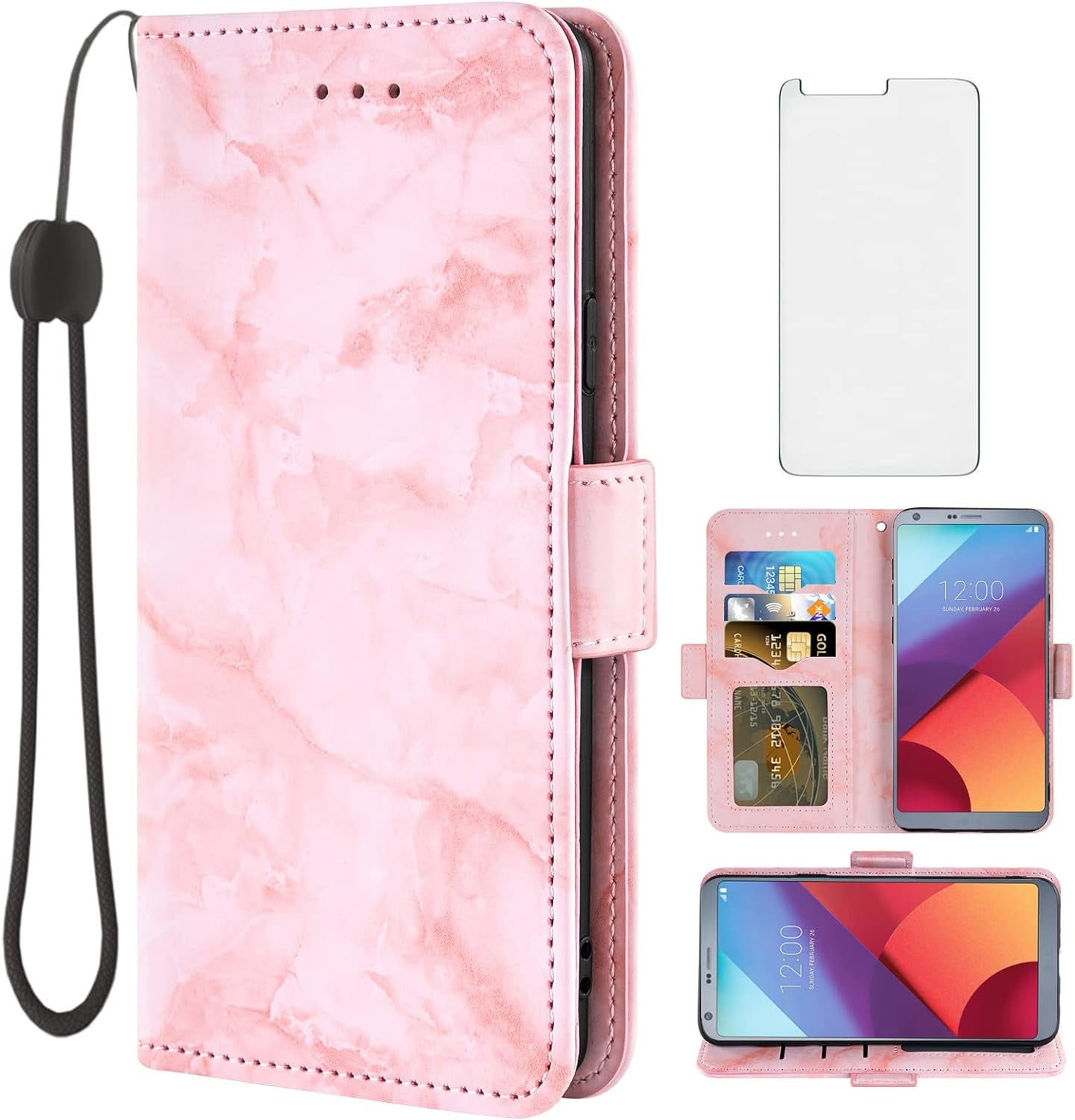 Asuwish Compatible with LG G6 Case and Tempered Glass Screen Protector Cell Accessories Card Holder Slot Kickstand Marble Wallet Phone Cover for LGG6 Thinq LG6 Thin Q G 6 plus G6+ 6G VS988 H872 Pink  Asuwish   