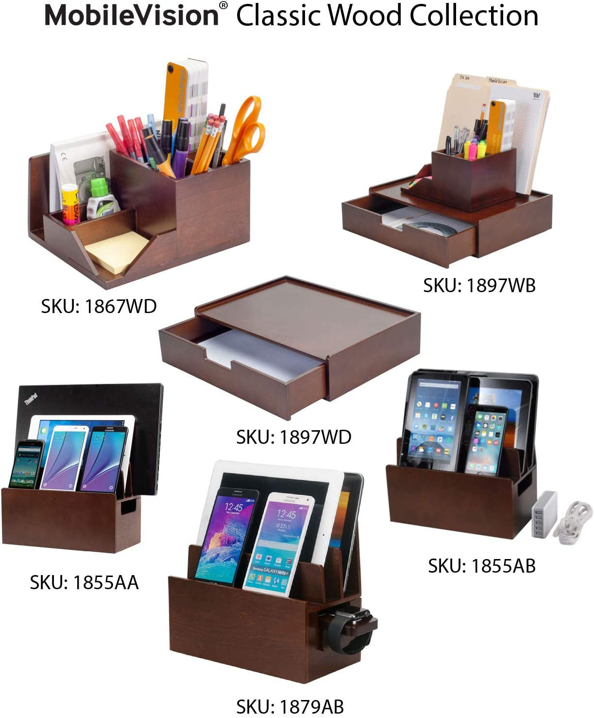 Mobilevision Wood Multi Device Organizer Stand and Charging Station for Smartphones, Tablets, and Laptops Includes 5-USB Hub Charger Combo  MobileVision   