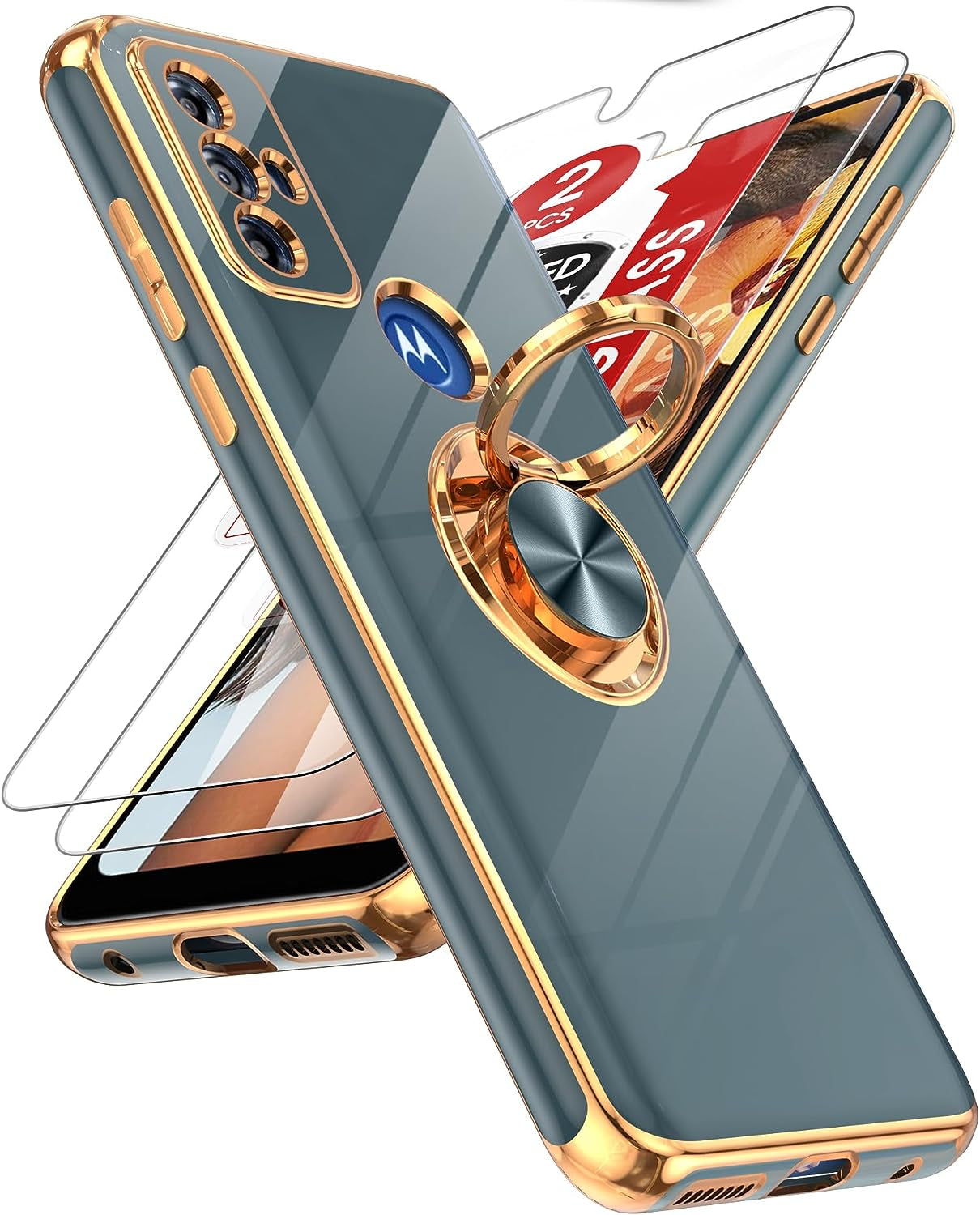 Leyi for Moto G Play 2023 Phone Case: with Tempered Glass Screen Protector [2 Pack] 360° Rotatable Ring Holder Magnetic Kickstand, Plating Rose Gold Edge Protective Case, Black  LeYi Gray  