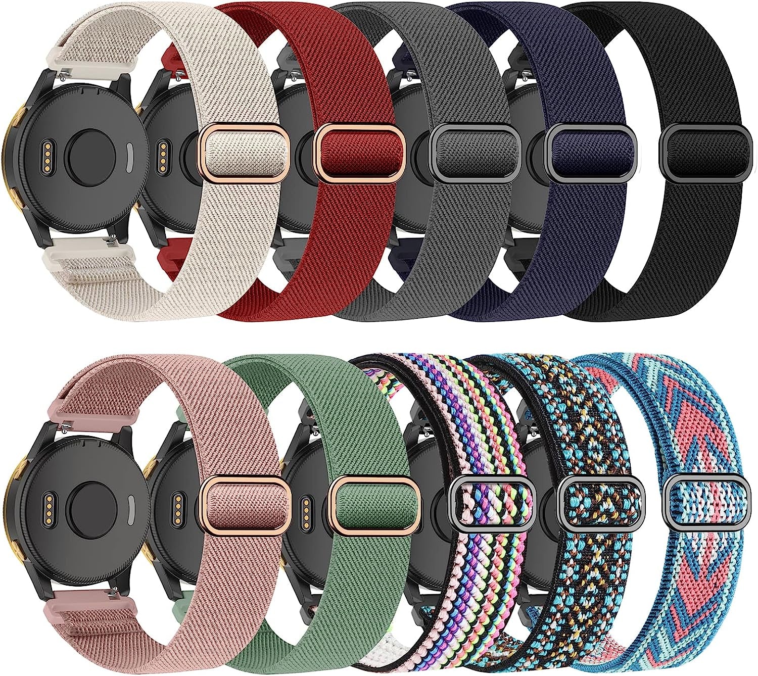 Wizvv Stretchy Nylon Watch Bands Compatible with Garmin Venu Sq/Venu for Women Men, 20Mm Loop Breathable Elastic Strap Replacement for Garmin Vivoactive 3/Venu 2 Plus/Forerunner 245/55/645 Music (10 Pack)  Wizvv 10 Pack-1  