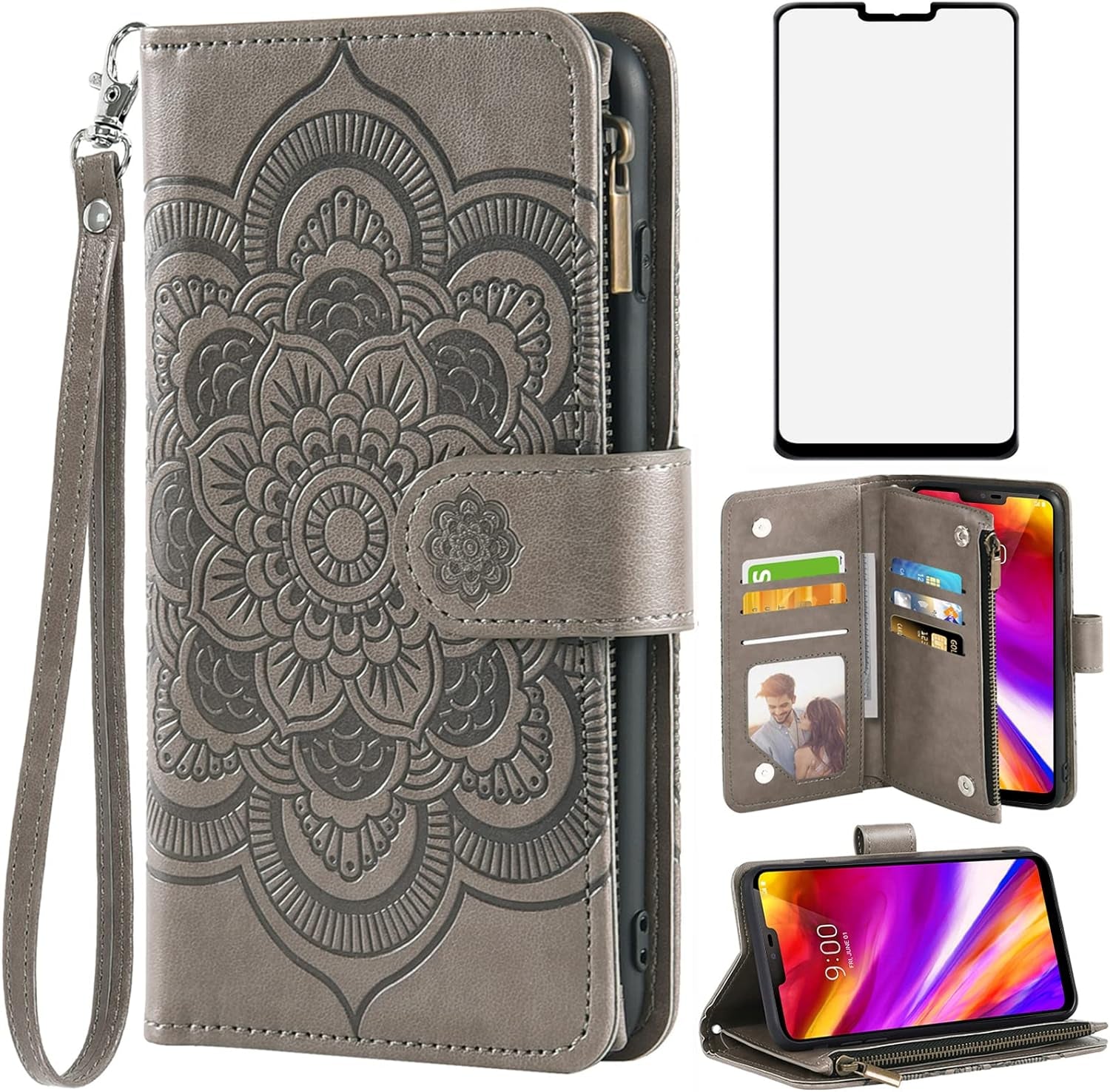 Asuwish Compatible with LG G7 Thinq Wallet Case and Tempered Glass Screen Protector Flip Card Holder Cell Phone Cover for LGG7 One G 7 plus LG7 Fit Lg7Thinq 7G Thin Q G7+ G7Thinq Lgg7Thinq Men Blue  Asuwish Gray  