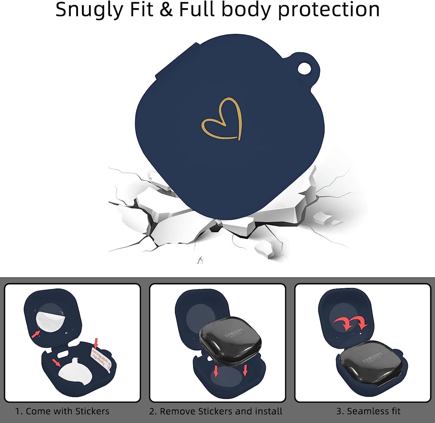 AIIEKZ Compatible with Samsung Galaxy Buds 2 / Buds Pro/Buds Live/Buds 2 Pro, Soft Silicone Case with Gold Heart Pattern with Cute Butterfly Keychain for Girls Women (Midnight Blue)  AIIEKZ   
